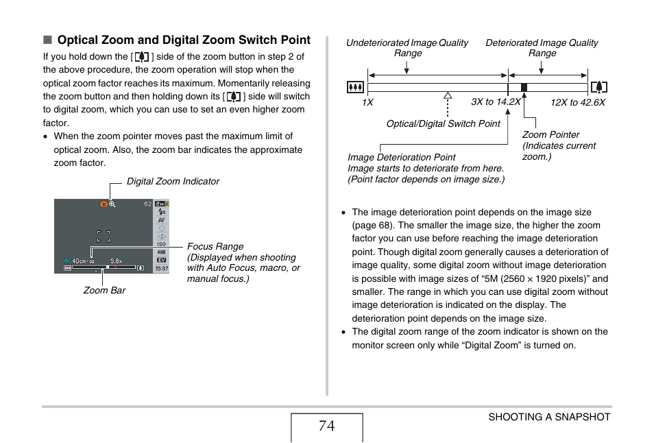 Optical zoom and digital zoom switch point | Casio EX-S770D User Manual | Page 74 / 285
