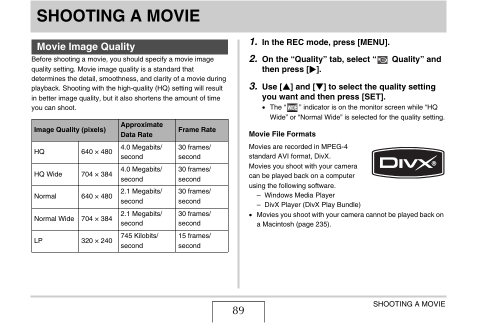Shooting a movie, Movie image quality | Casio EX-S770D User Manual | Page 89 / 285