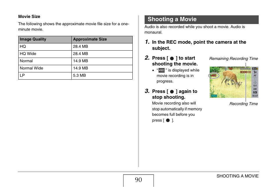 Shooting a movie, E 90 | Casio EX-S770D User Manual | Page 90 / 285