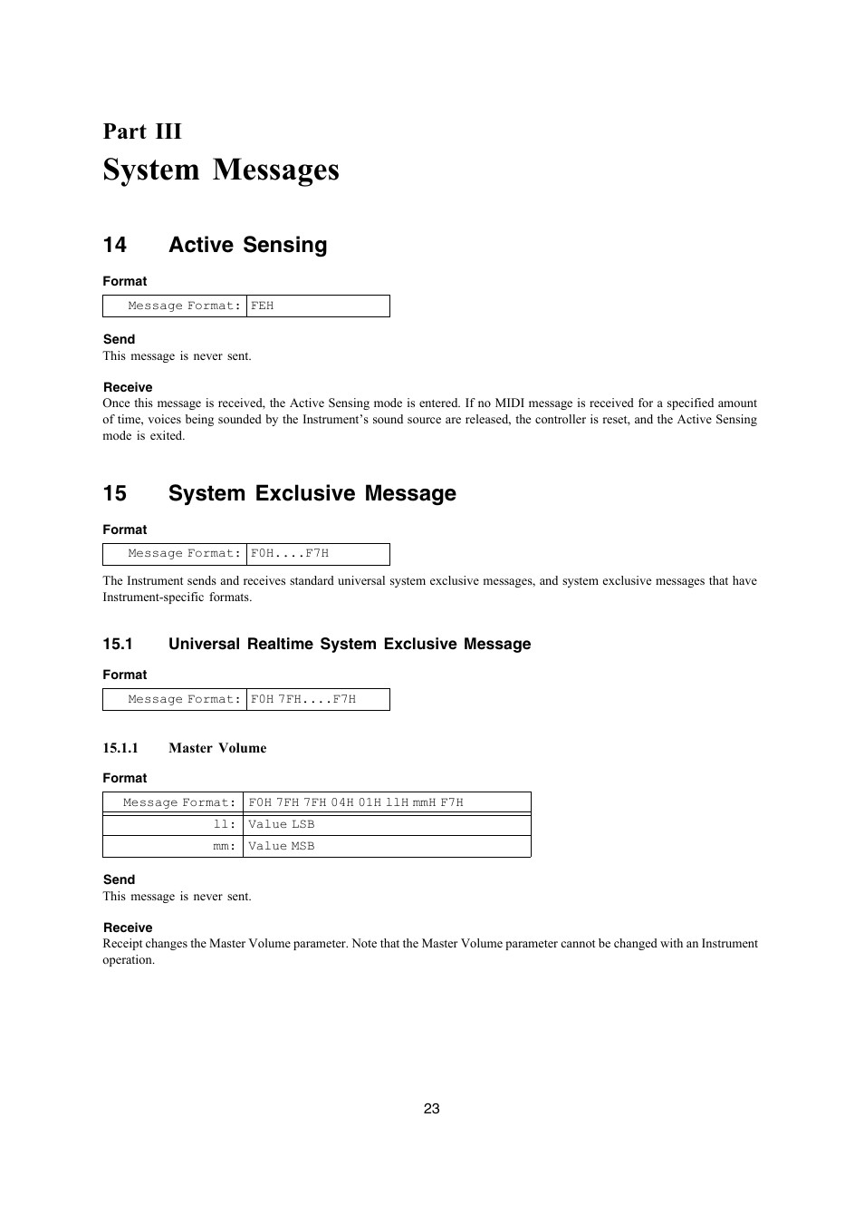 System messages, Part iii, 14 active sensing | 15 system exclusive message | Casio PX-330 User Manual | Page 23 / 48