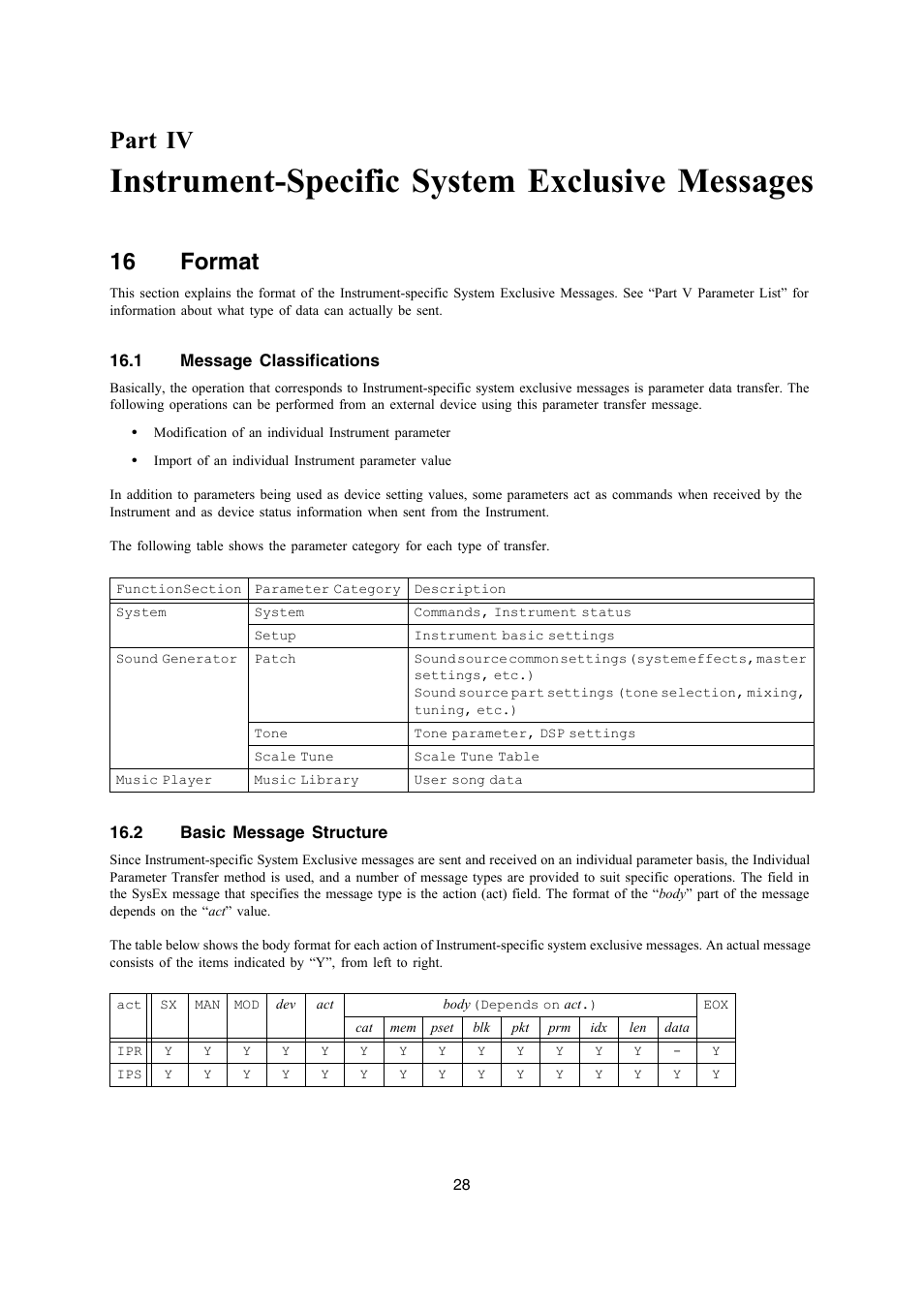Instrument-specific system exclusive messages, Part iv, 16 format | Casio PX-330 User Manual | Page 28 / 48