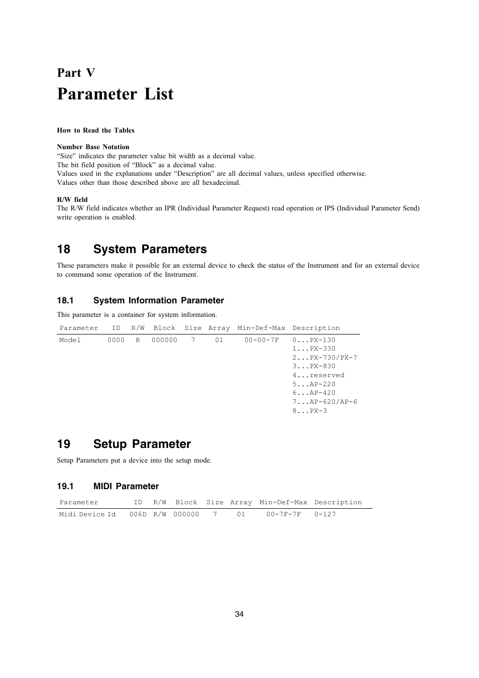 Parameter list, Part v, 18 system parameters | 19 setup parameter | Casio PX-330 User Manual | Page 34 / 48