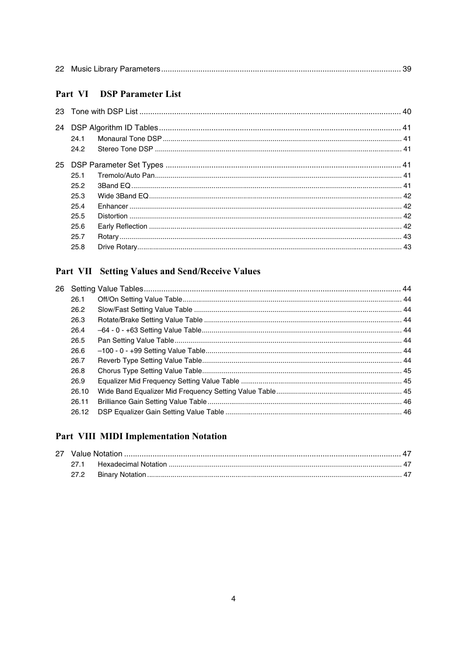 Part vi dsp parameter list, Part vii setting values and send/receive values, Part viii midi implementation notation | Casio PX-330 User Manual | Page 4 / 48