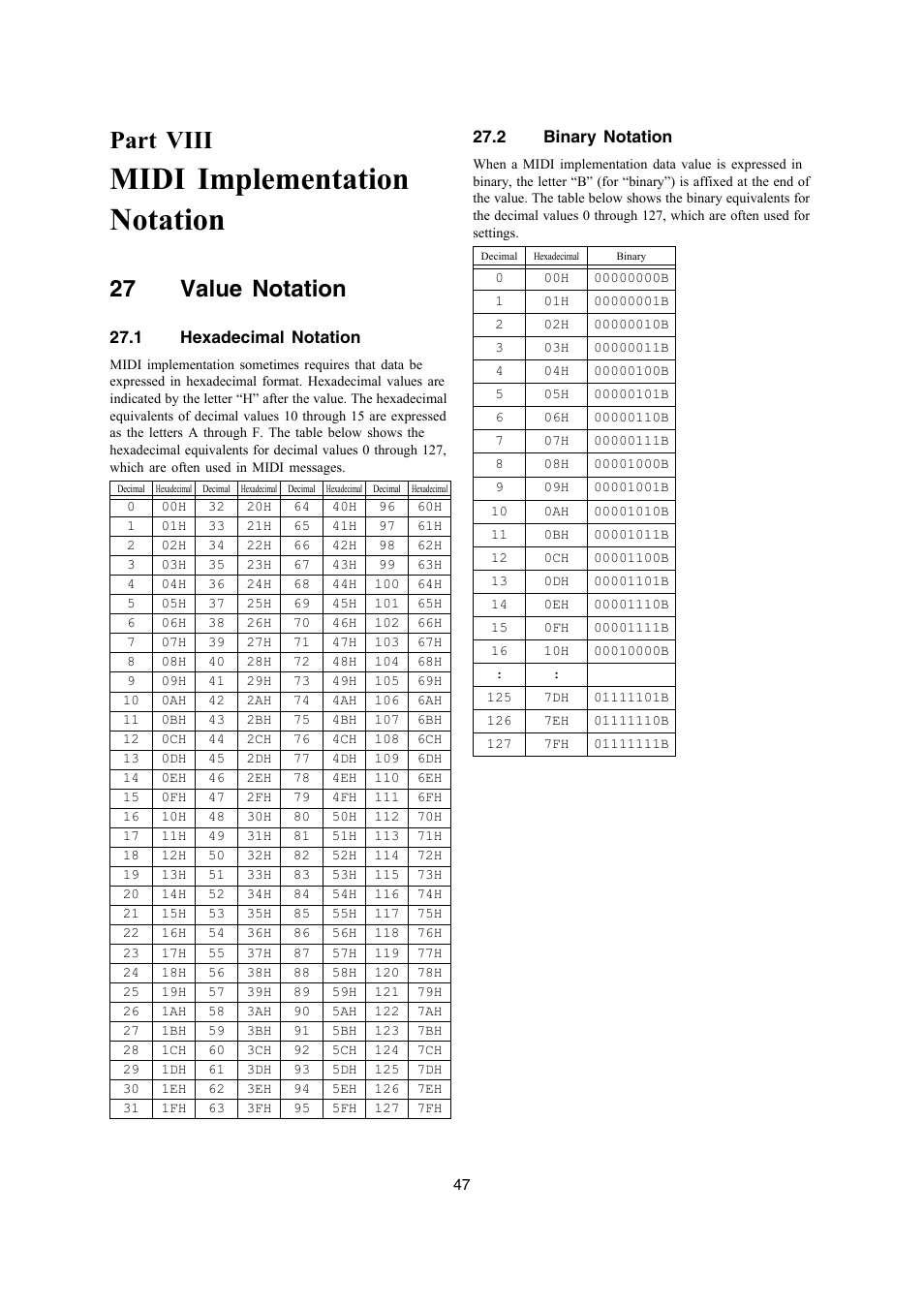 Midi implementation notation, Part viii, 27 value notation | Casio PX-330 User Manual | Page 47 / 48