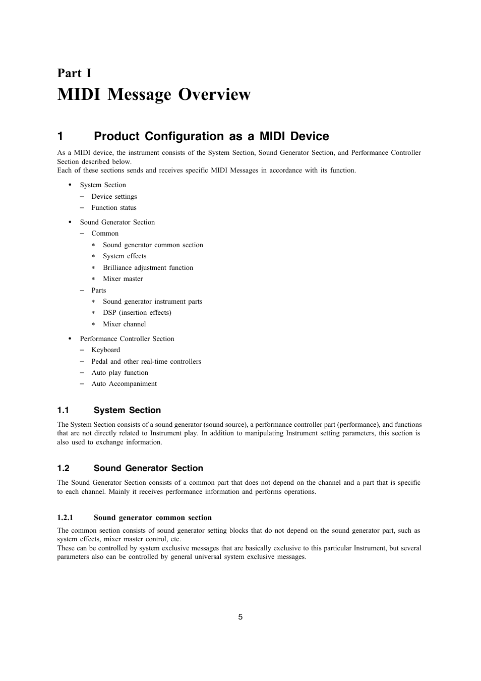 Midi message overview, Part i, 1product configuration as a midi device | Casio PX-330 User Manual | Page 5 / 48