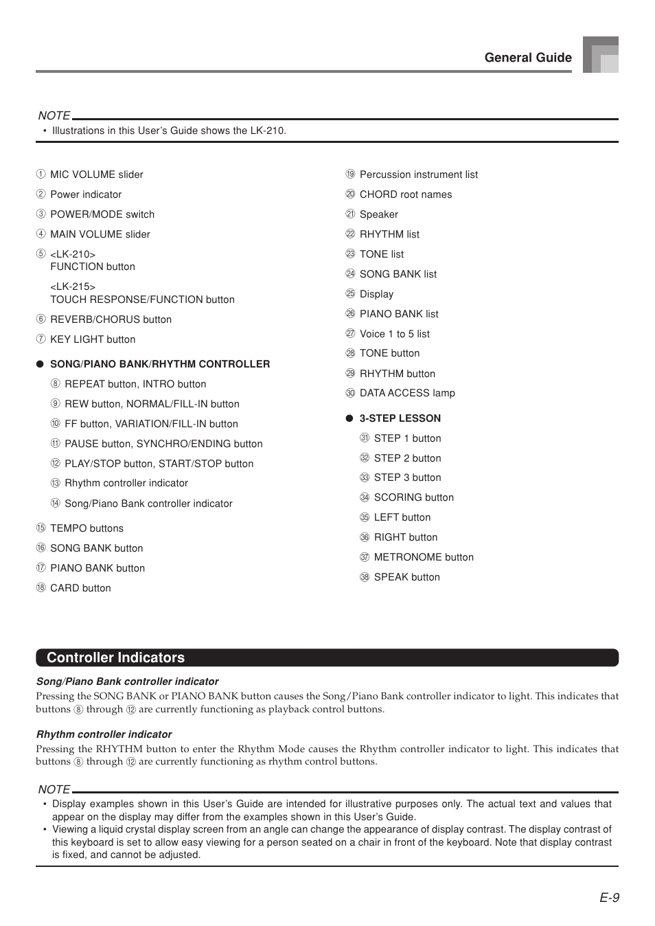 Controller indicators, E-9 general guide | Casio LK-215 User Manual | Page 11 / 59