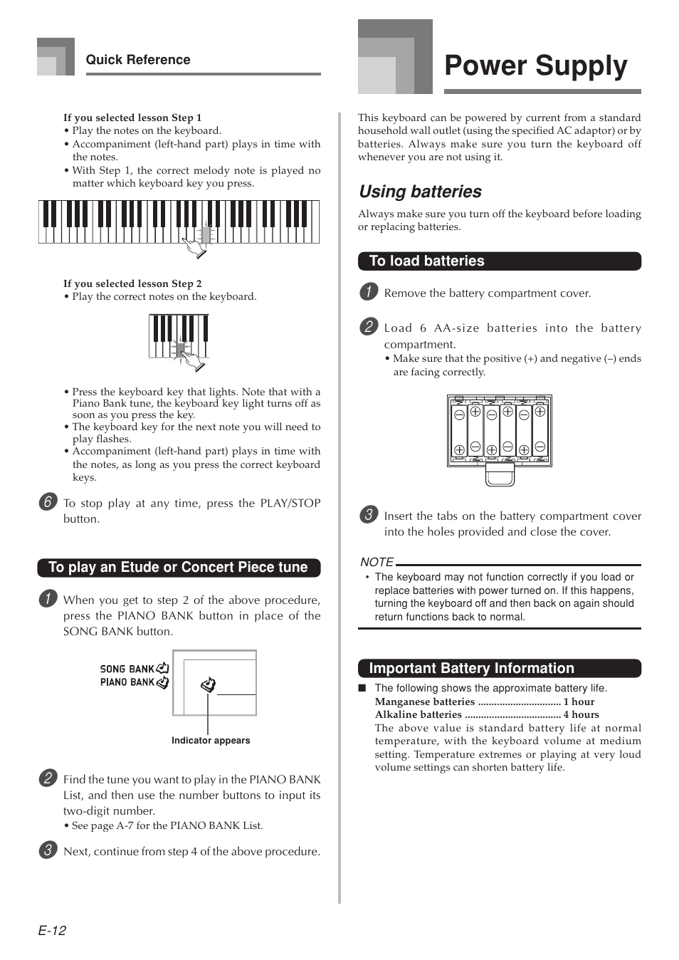 Power supply, Using batteries | Casio LK-215 User Manual | Page 14 / 59