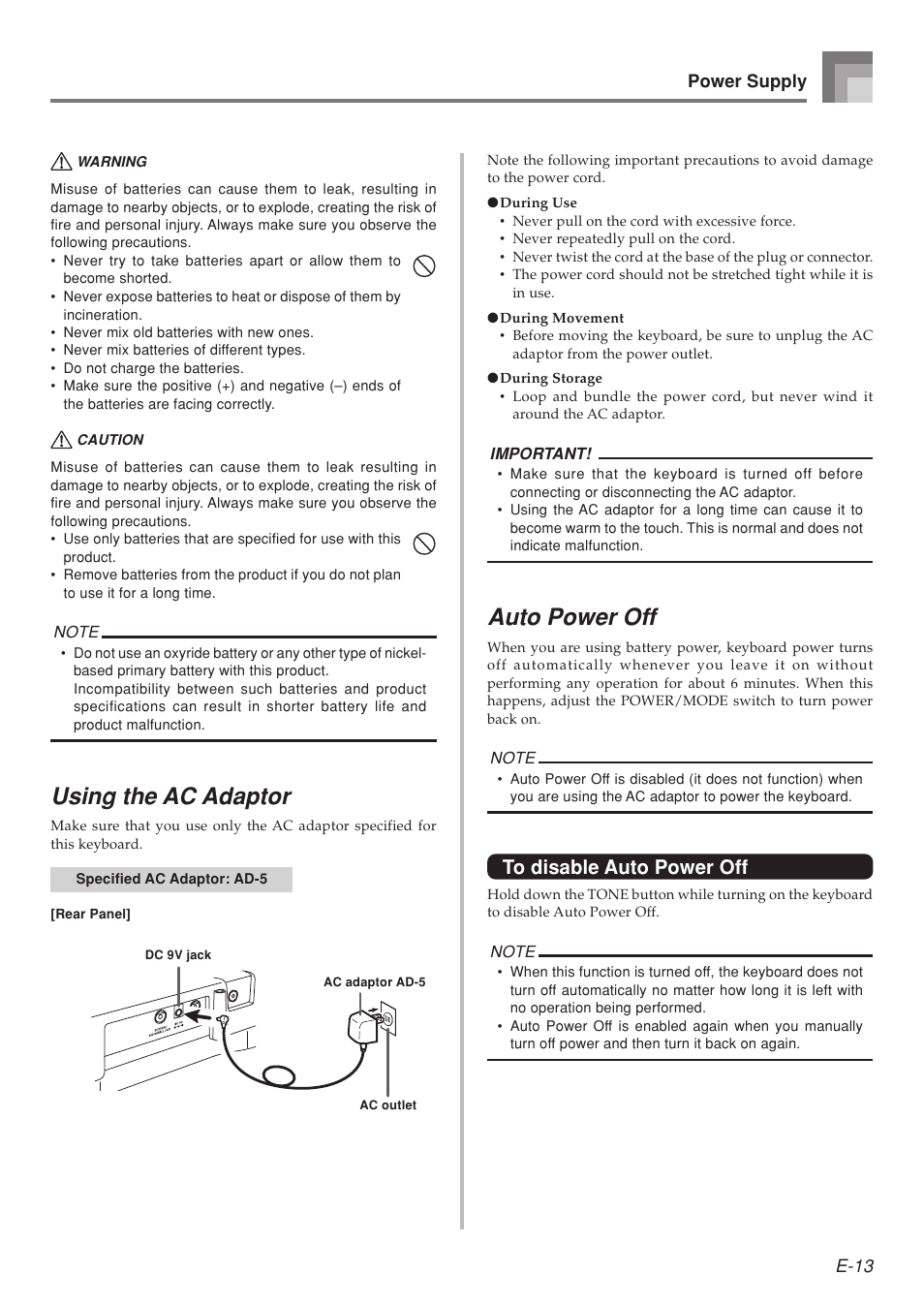 Using the ac adaptor, Auto power off | Casio LK-215 User Manual | Page 15 / 59