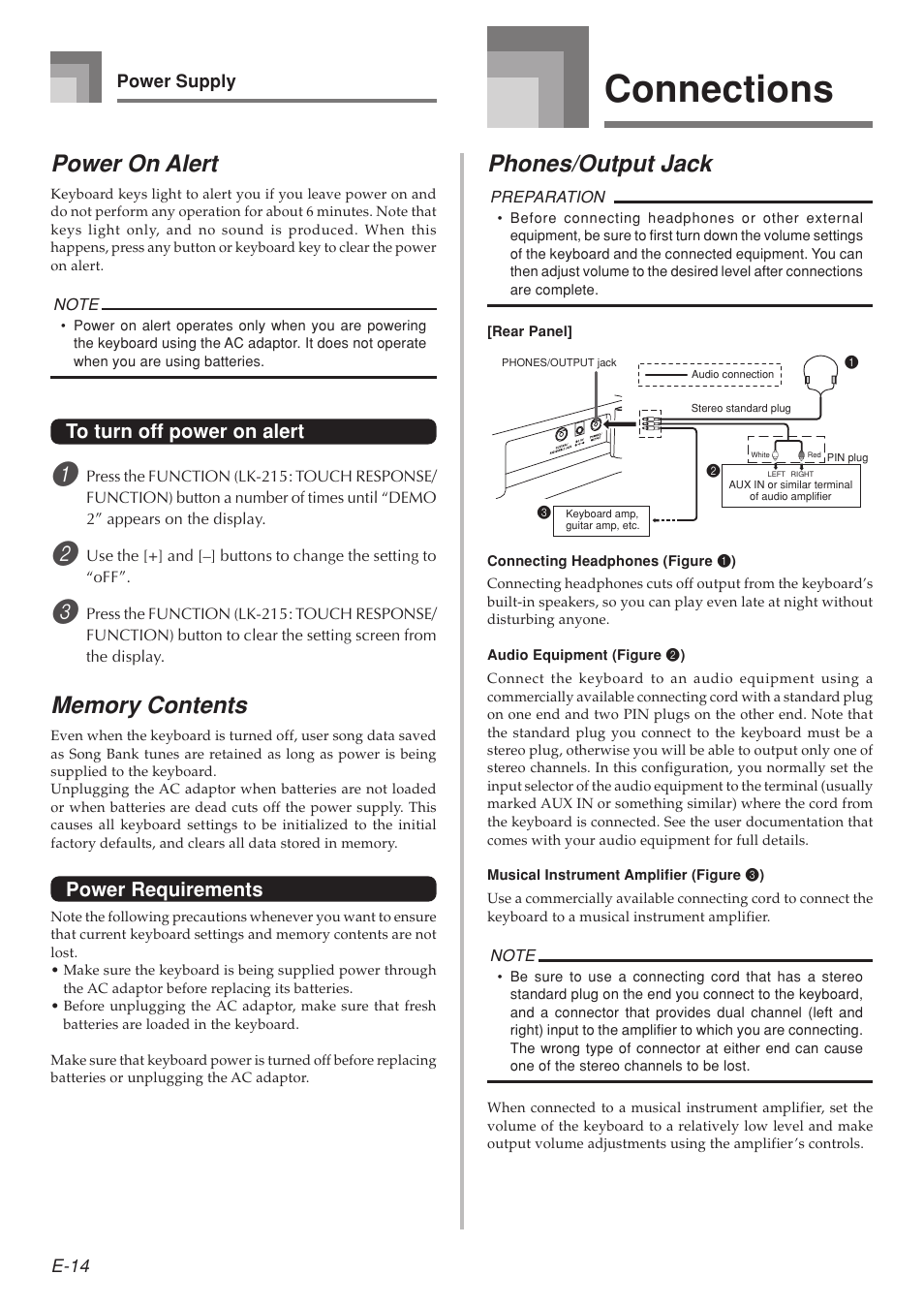 Connections, Power on alert, Phones/output jack | Power requirements | Casio LK-215 User Manual | Page 16 / 59