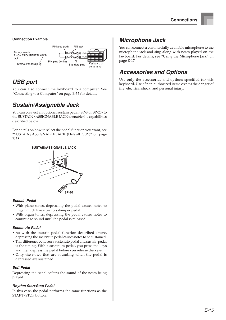 Usb port, Sustain/assignable jack, Microphone jack | Accessories and options, E-15, Connections | Casio LK-215 User Manual | Page 17 / 59