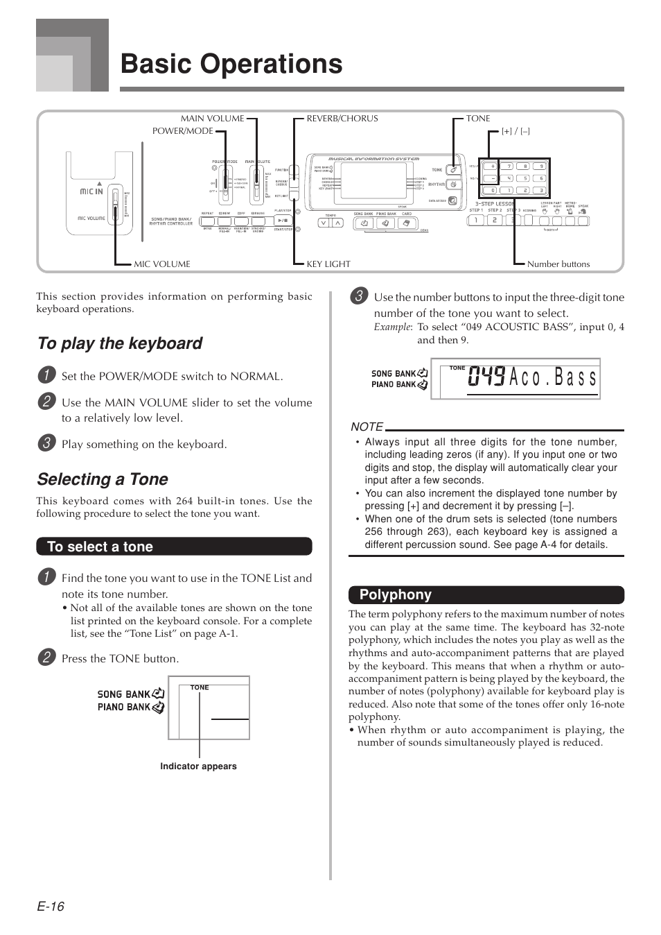 Basic operations, A c o . b s a s, Selecting a tone | Casio LK-215 User Manual | Page 18 / 59