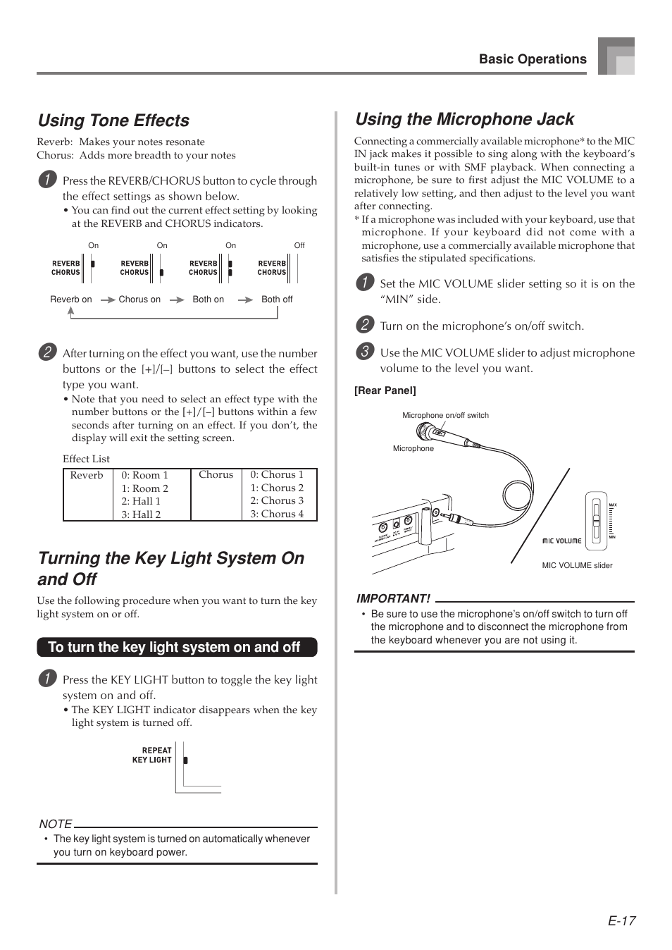 Using tone effects, Turning the key light system on and off, Using the microphone jack | Casio LK-215 User Manual | Page 19 / 59