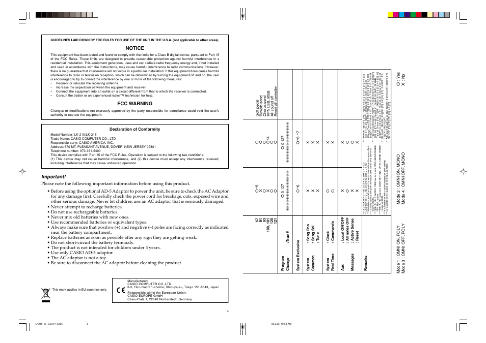 Notice, Fcc warning, Important | Models, Version: 1.0, Declaration of conformity | Casio LK-215 User Manual | Page 2 / 59