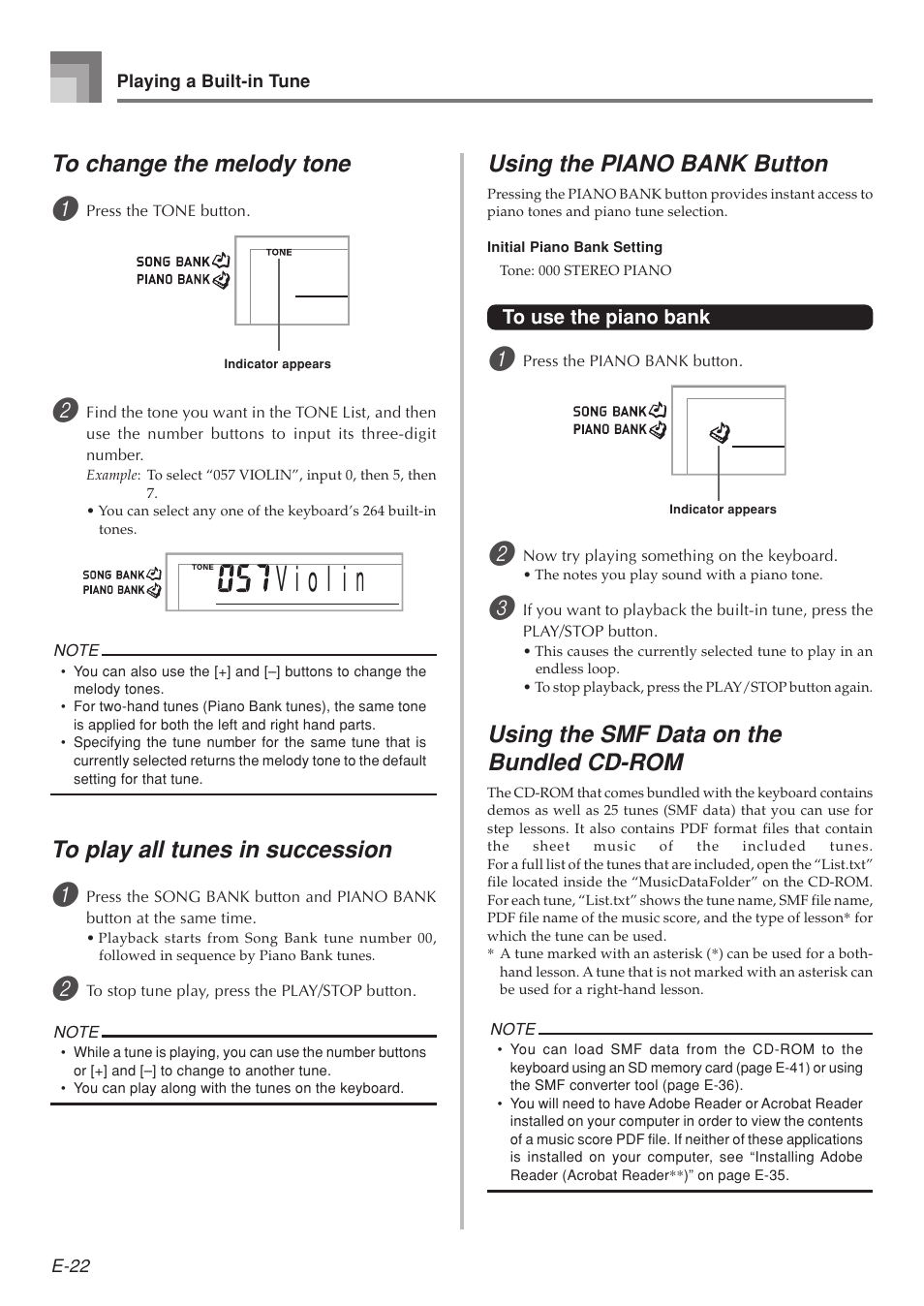 Using the piano bank button, Using the smf data on the bundled cd-rom | Casio LK-215 User Manual | Page 24 / 59