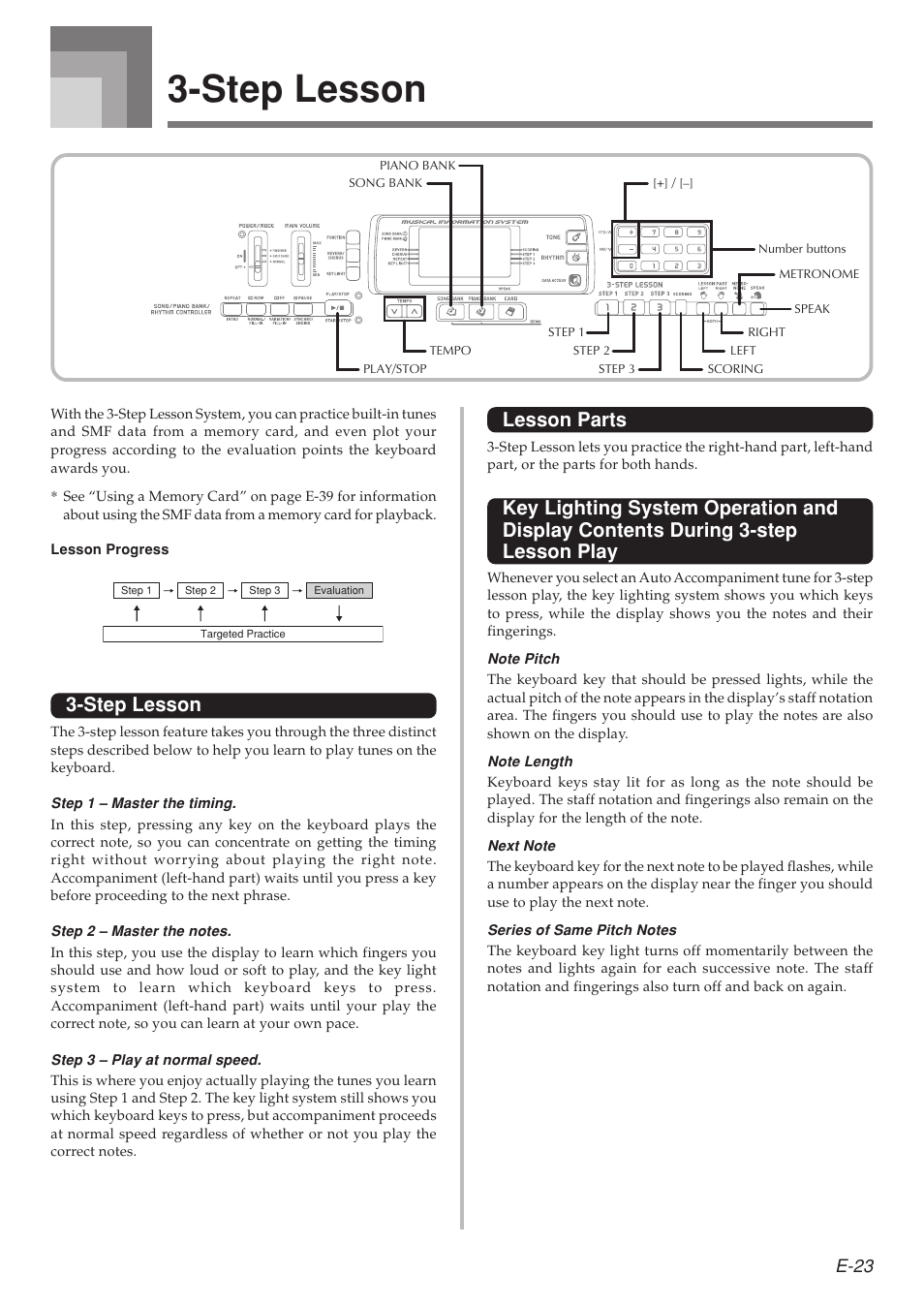 Lesson parts, Step lesson, E-23 | Casio LK-215 User Manual | Page 25 / 59