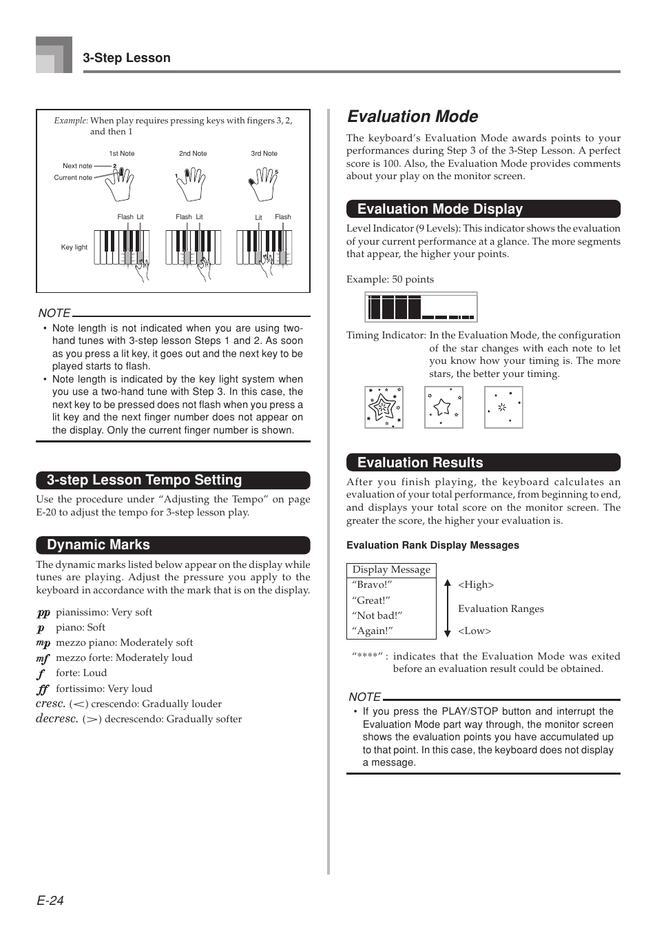 Evaluation mode, Step lesson tempo setting, Dynamic marks | Evaluation mode display, Evaluation results, E-24 3-step lesson, Cresc, Decresc | Casio LK-215 User Manual | Page 26 / 59
