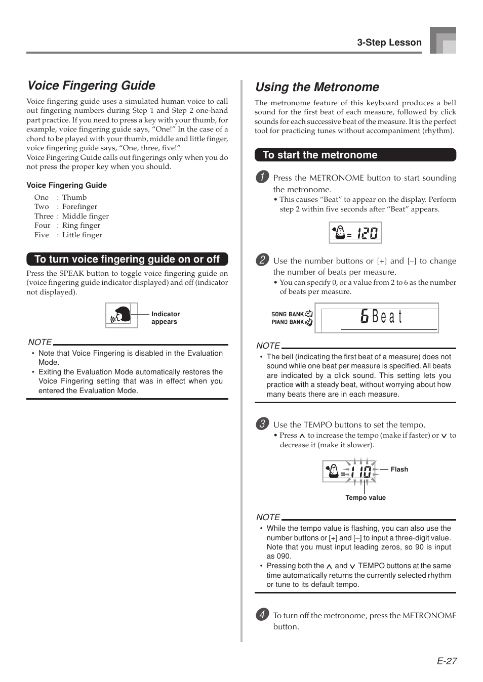 B e a t, Voice fingering guide, Using the metronome | Casio LK-215 User Manual | Page 29 / 59