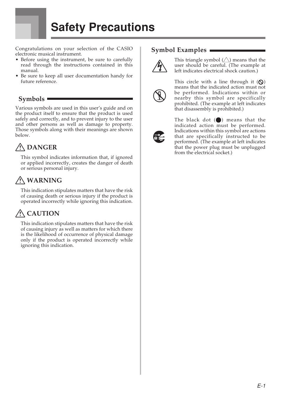 Safety precautions, Symbols, Danger | Warning, Caution, Symbol examples | Casio LK-215 User Manual | Page 3 / 59