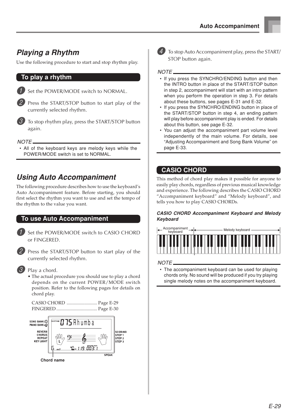 Playing a rhythm, Using auto accompaniment | Casio LK-215 User Manual | Page 31 / 59