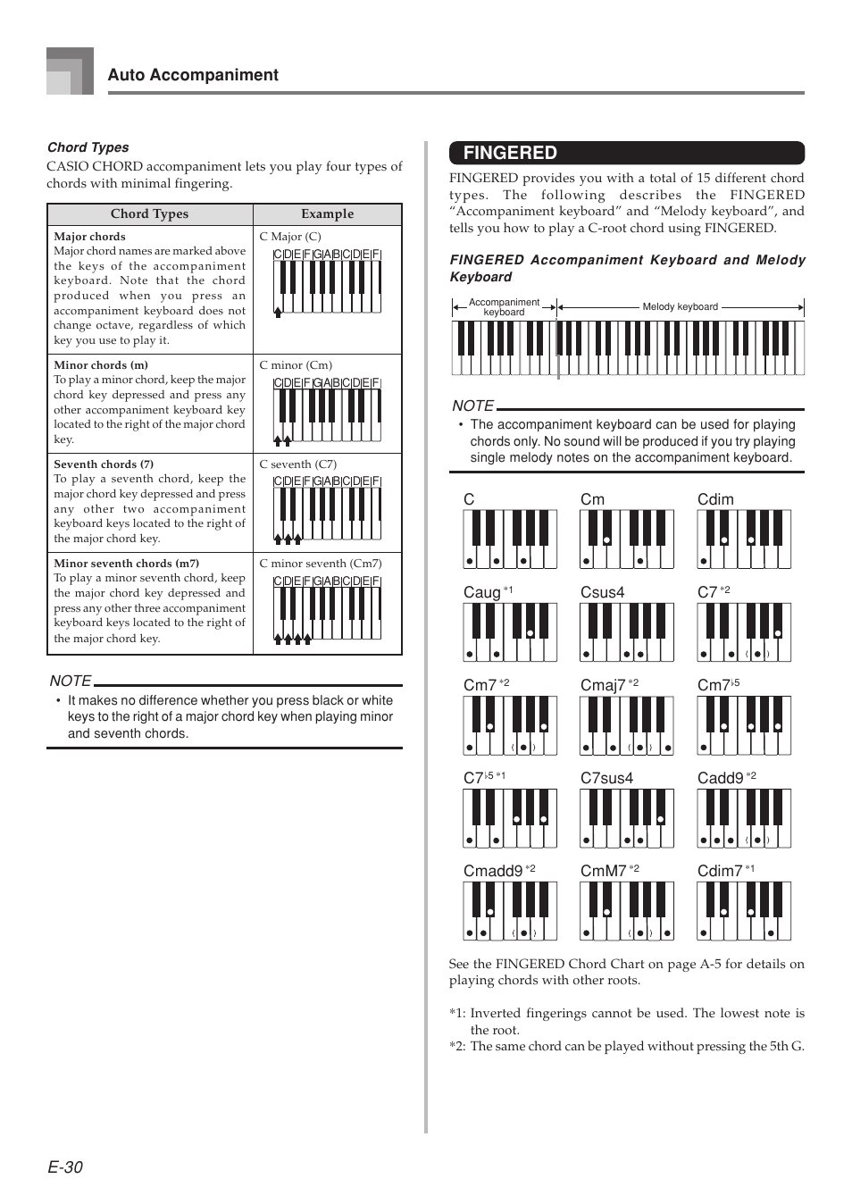 Fingered, E-30, Auto accompaniment | Casio LK-215 User Manual | Page 32 / 59