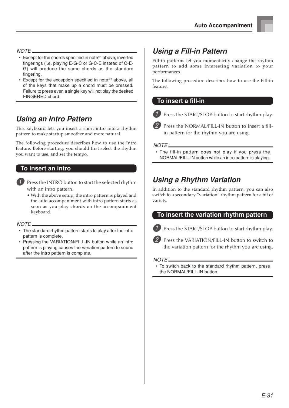 Using an intro pattern, Using a fill-in pattern, Using a rhythm variation | Casio LK-215 User Manual | Page 33 / 59