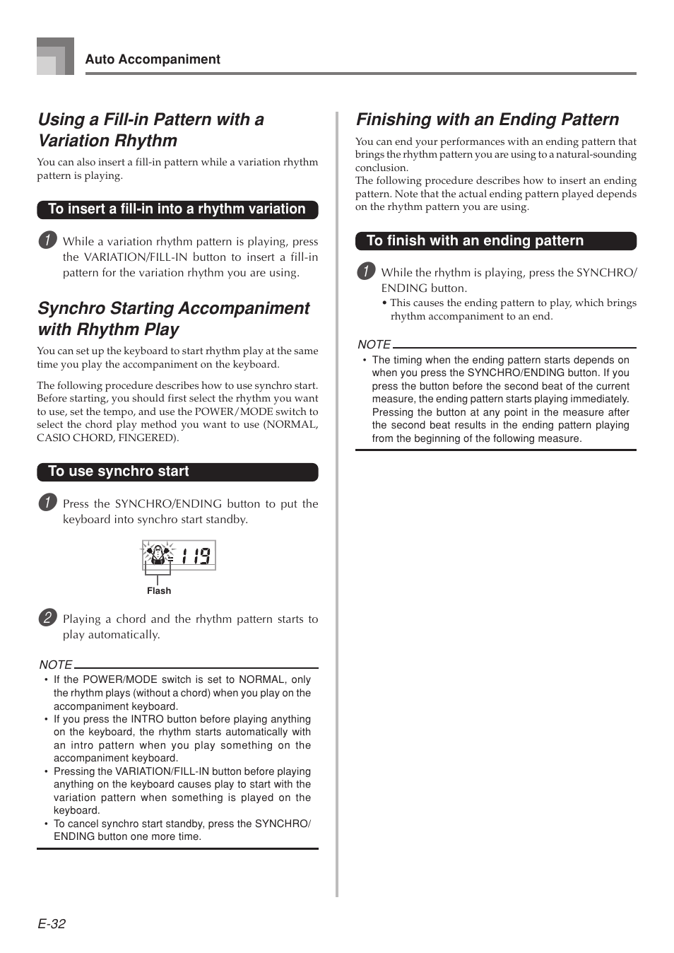 Using a fill-in pattern with a variation rhythm, Synchro starting accompaniment with rhythm play, Finishing with an ending pattern | Casio LK-215 User Manual | Page 34 / 59