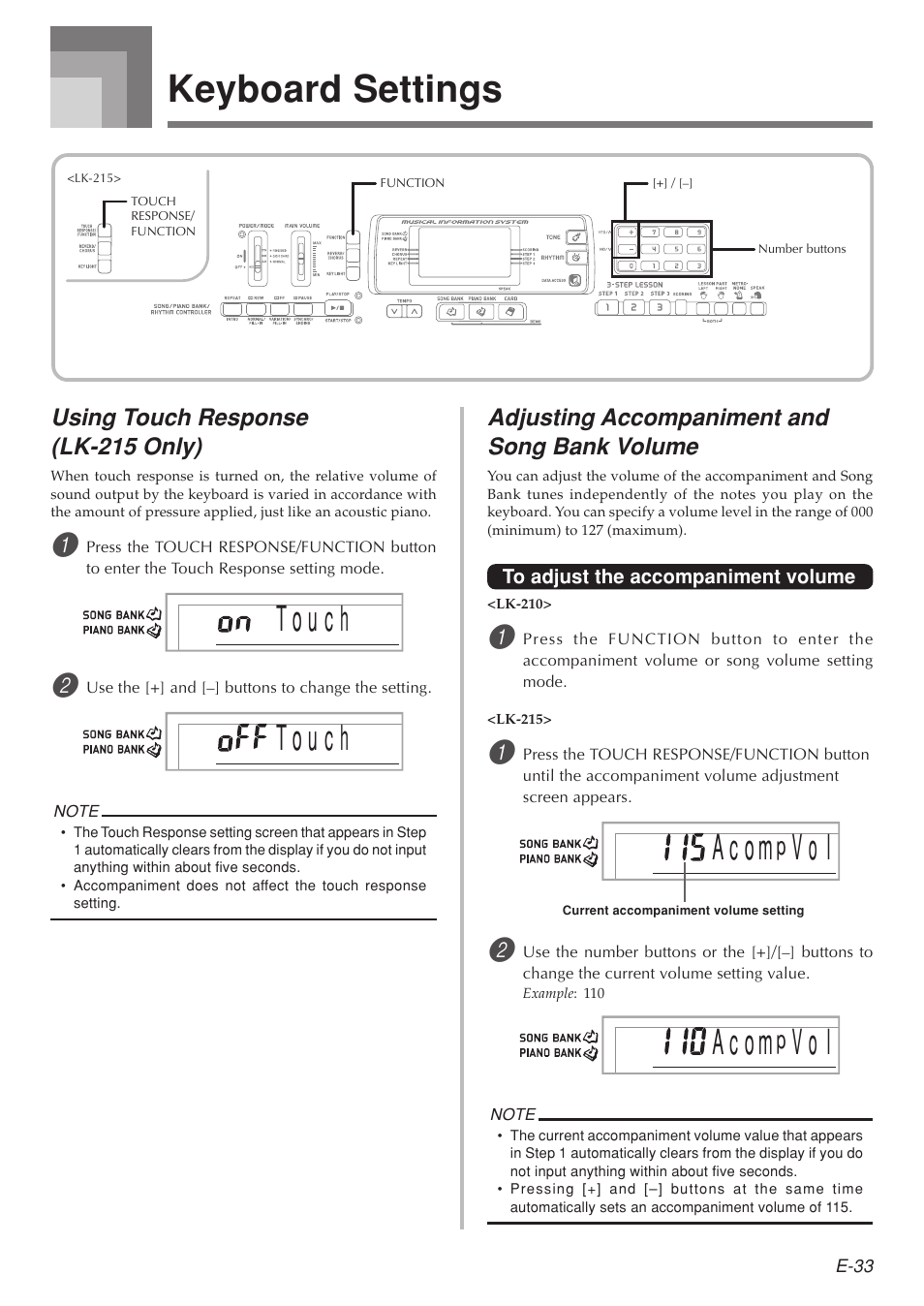 Keyboard settings, A c o m, Ov l | Casio LK-215 User Manual | Page 35 / 59