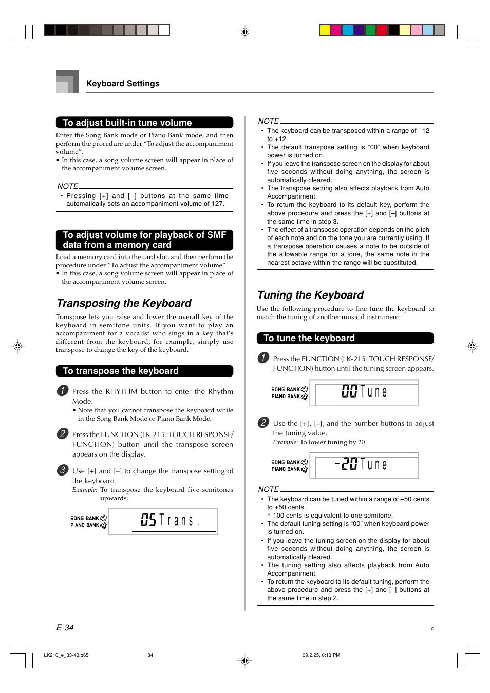 Tuning the keyboard, Transposing the keyboard | Casio LK-215 User Manual | Page 36 / 59