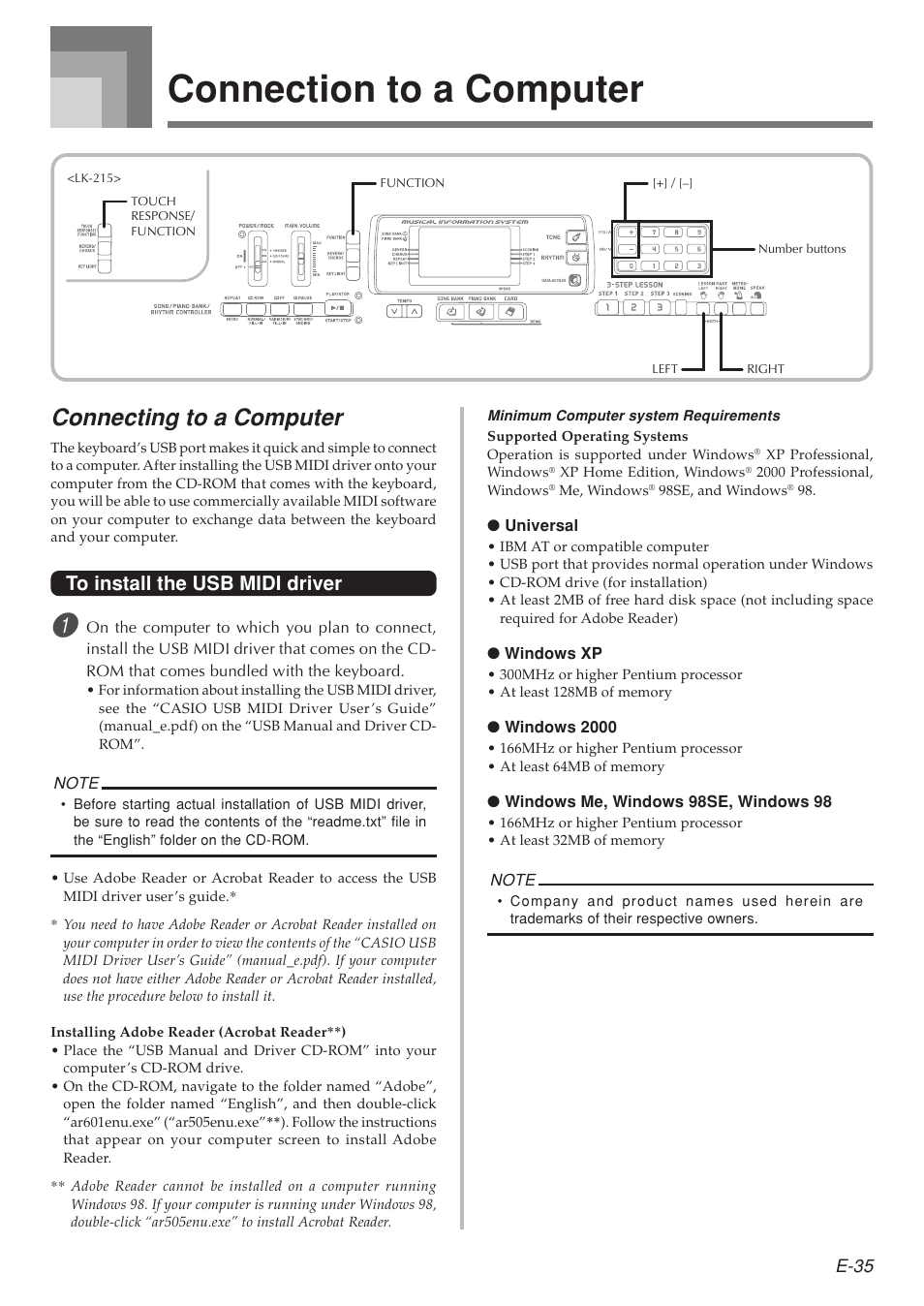 Connection to a computer, Connecting to a computer, E-35 | Casio LK-215 User Manual | Page 37 / 59