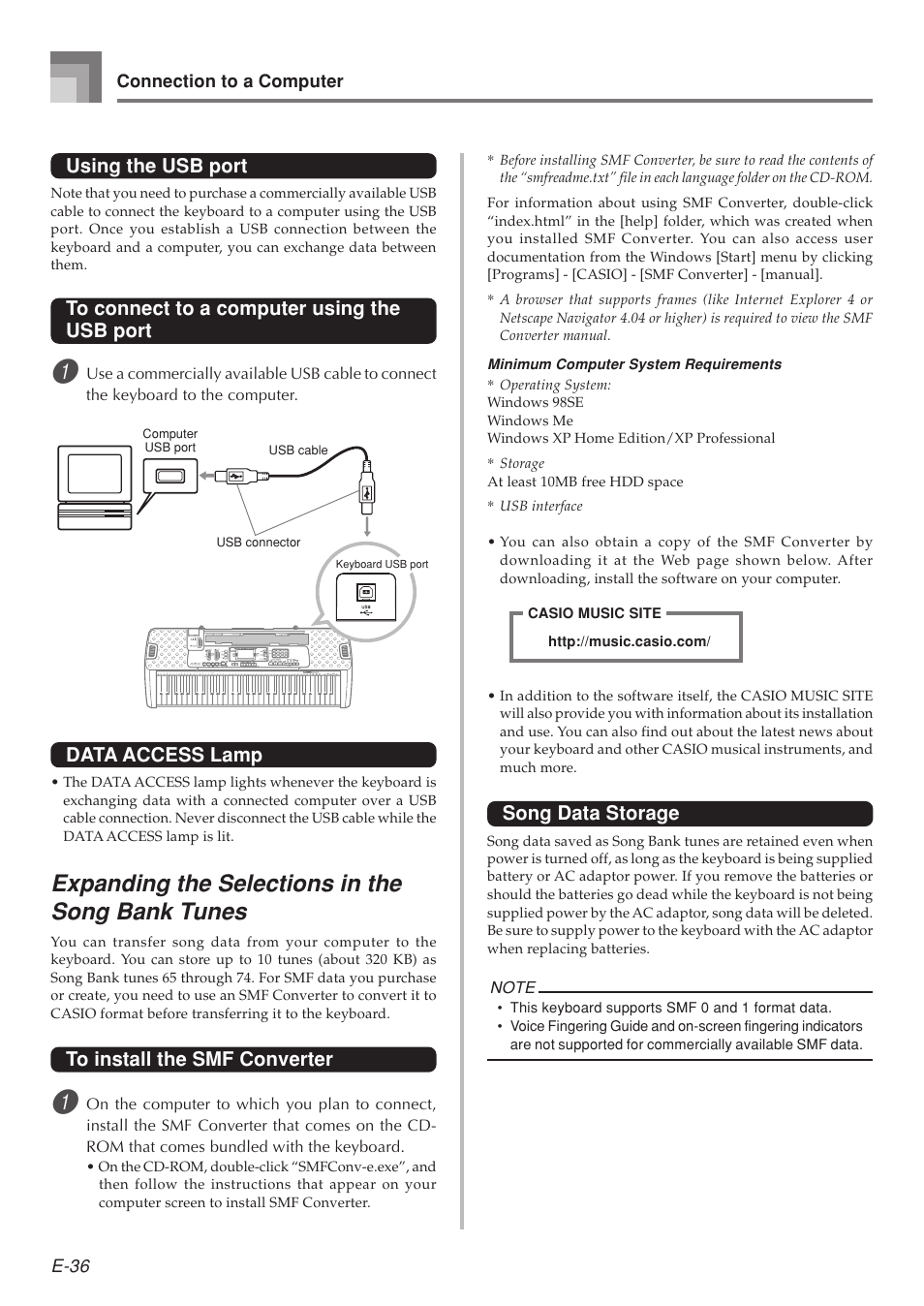 Expanding the selections in the song bank tunes, Data access lamp, Using the usb port | Song data storage | Casio LK-215 User Manual | Page 38 / 59