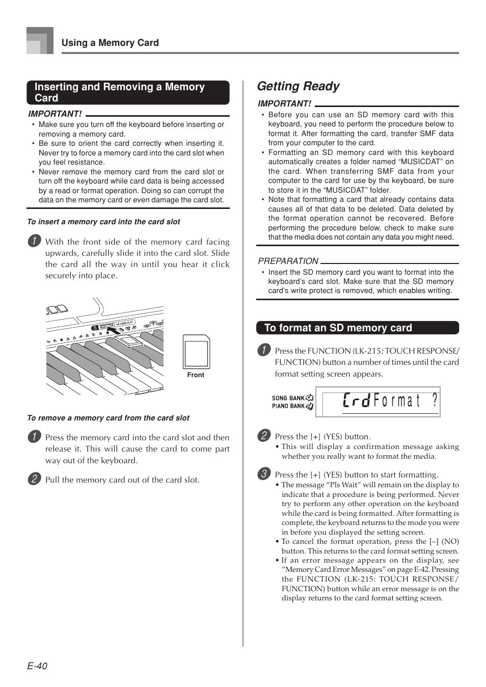 Getting ready | Casio LK-215 User Manual | Page 42 / 59
