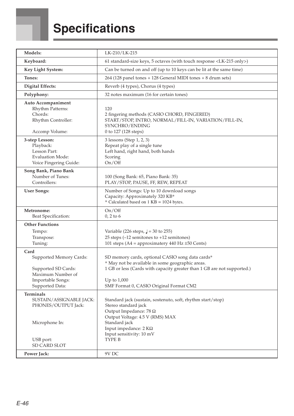 Specifications, E-46 | Casio LK-215 User Manual | Page 48 / 59
