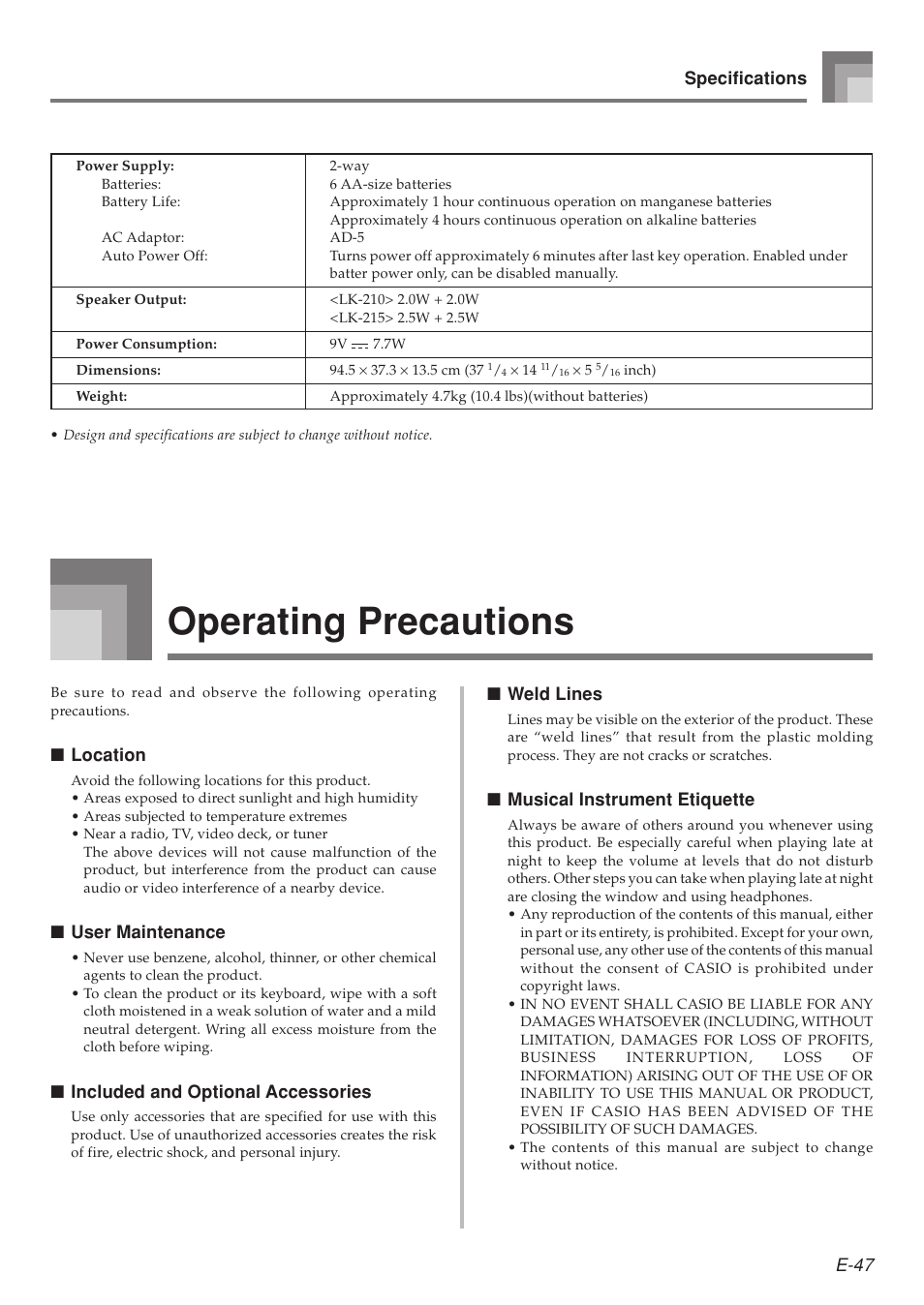 Operating precautions, E-47 specifications, Location | User maintenance, Included and optional accessories, Weld lines, Musical instrument etiquette | Casio LK-215 User Manual | Page 49 / 59