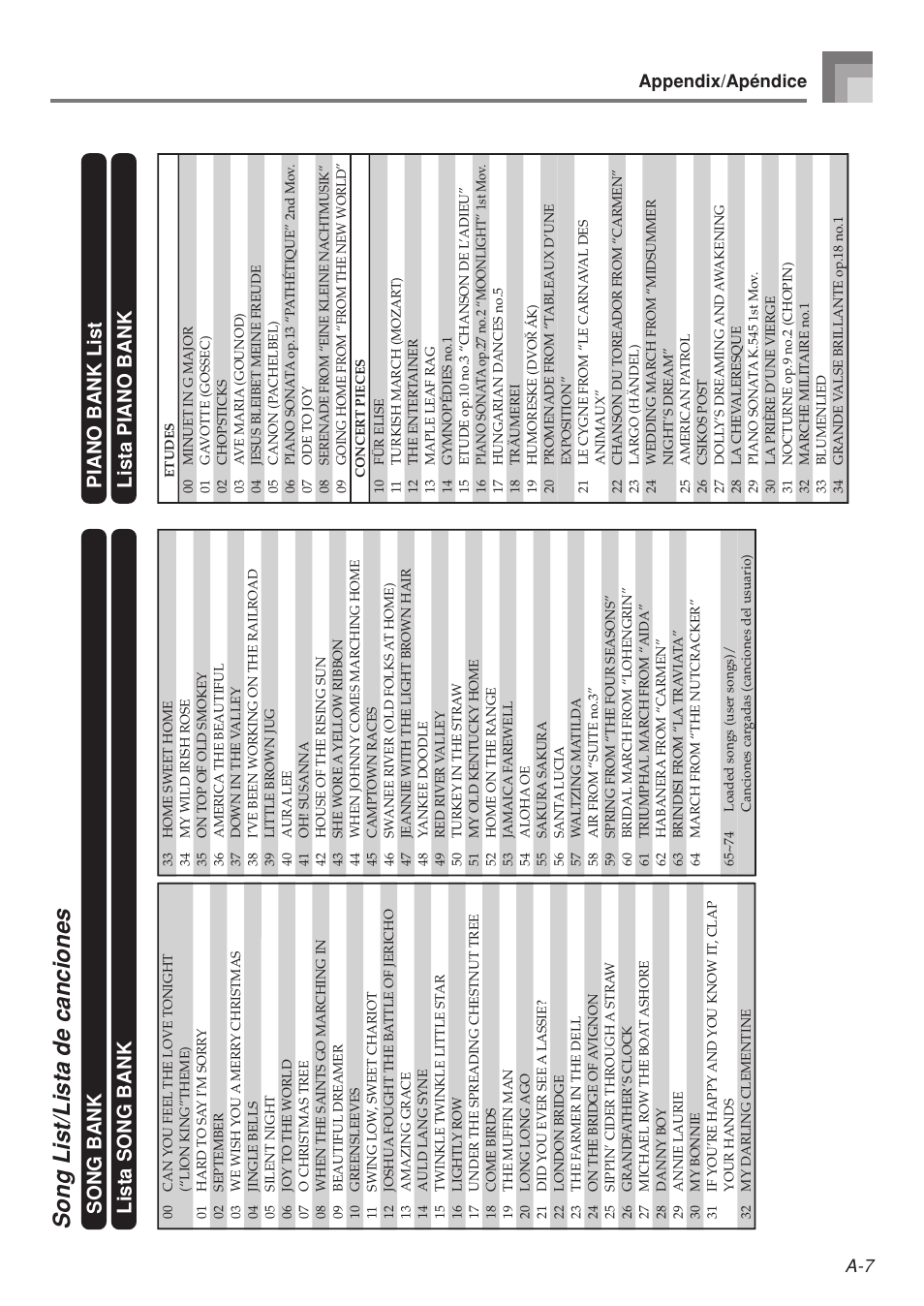 Song list/lista de canciones, Appendix/apéndice | Casio LK-215 User Manual | Page 56 / 59