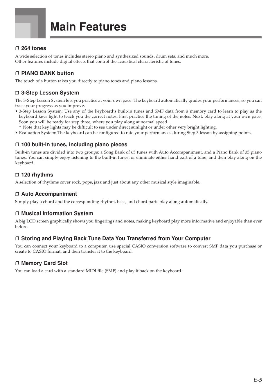 Main features | Casio LK-215 User Manual | Page 7 / 59