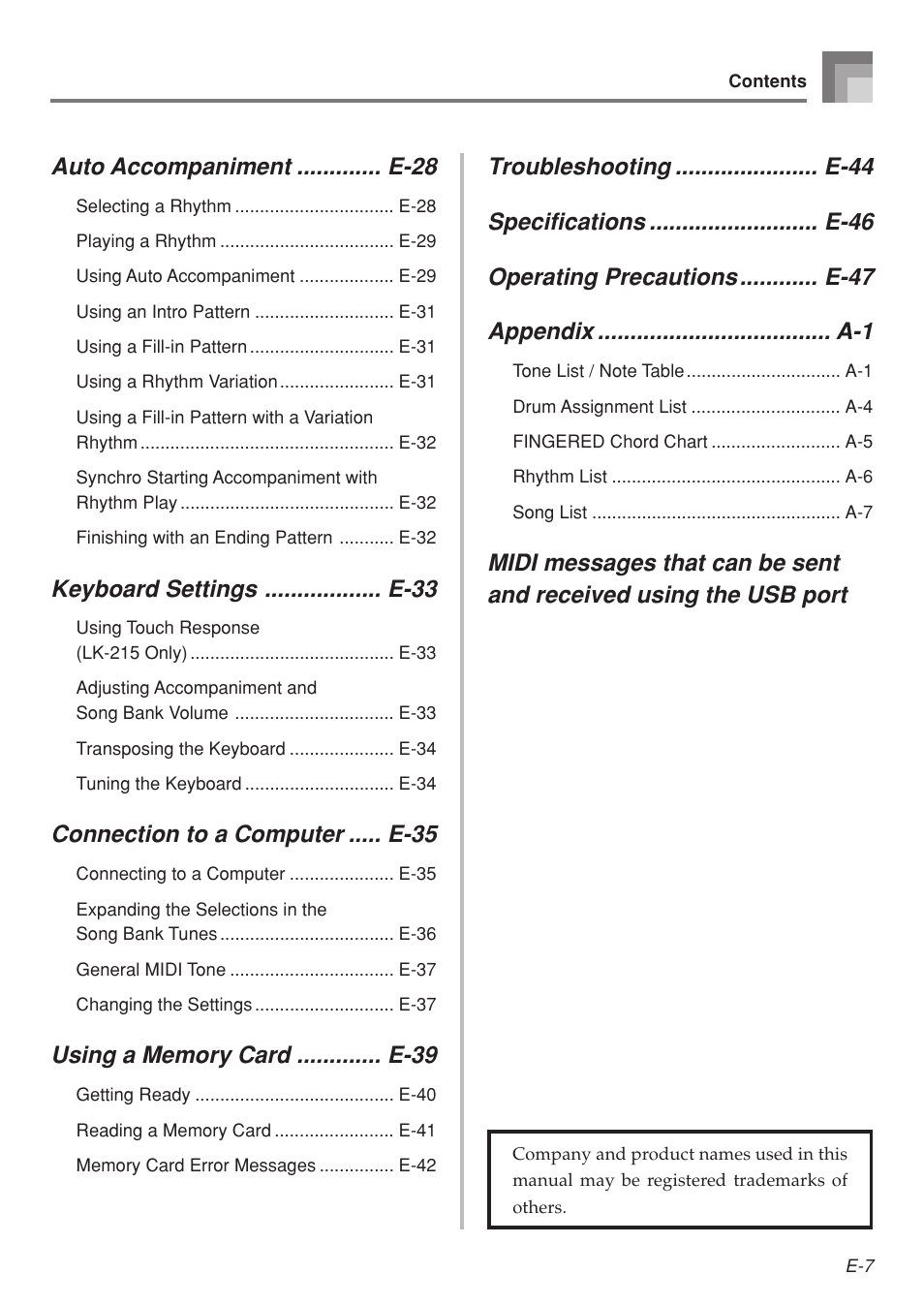 Auto accompaniment ............. e-28, Keyboard settings .................. e-33, Connection to a computer ..... e-35 | Casio LK-215 User Manual | Page 9 / 59