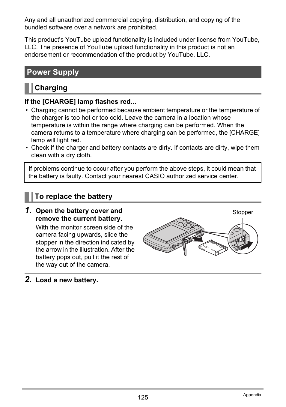 Power supply, Charging, To replace the battery | E 125 | Casio EXILIM EX-Z37 User Manual | Page 125 / 145