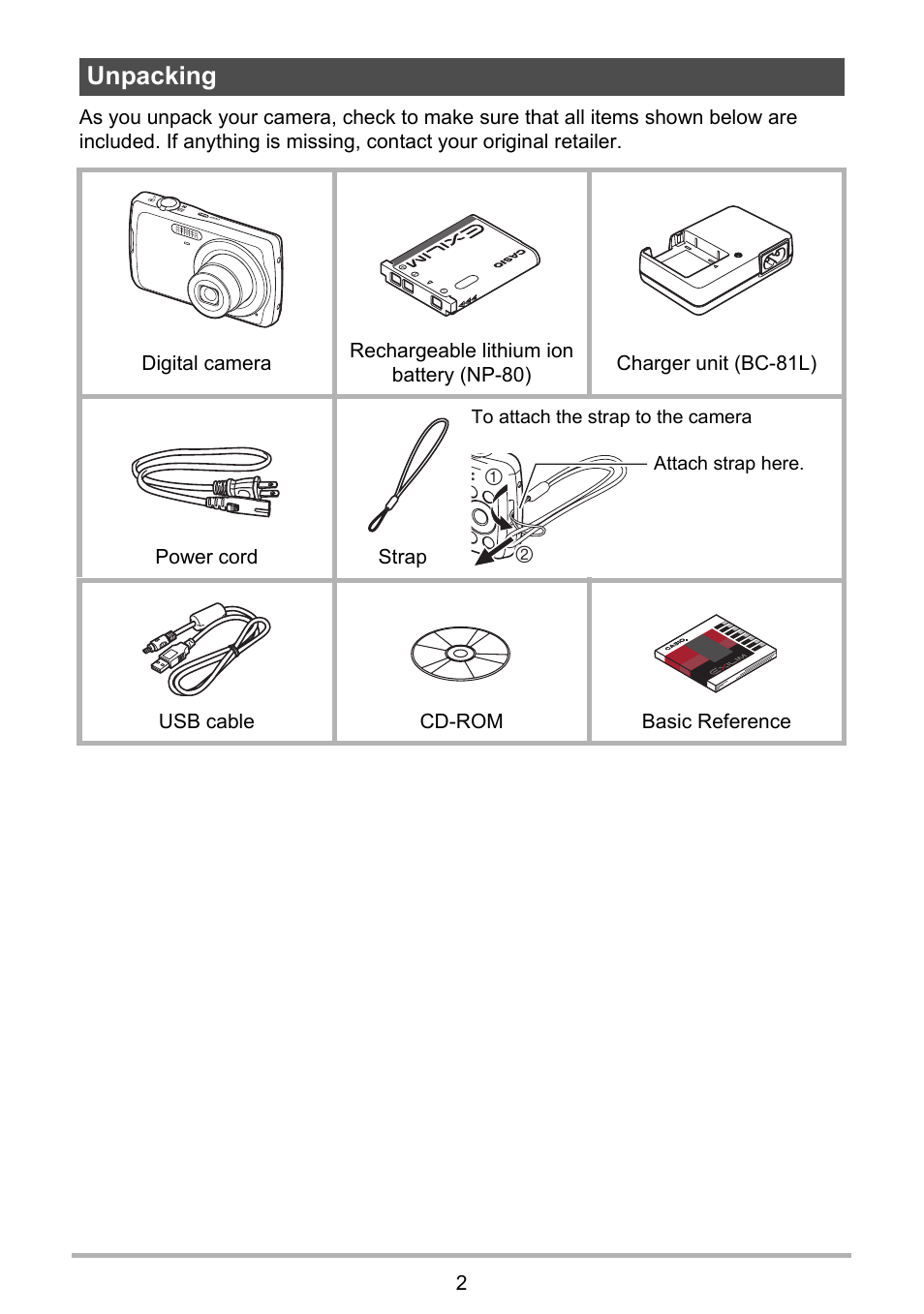 Unpacking | Casio EXILIM EX-Z37 User Manual | Page 2 / 145