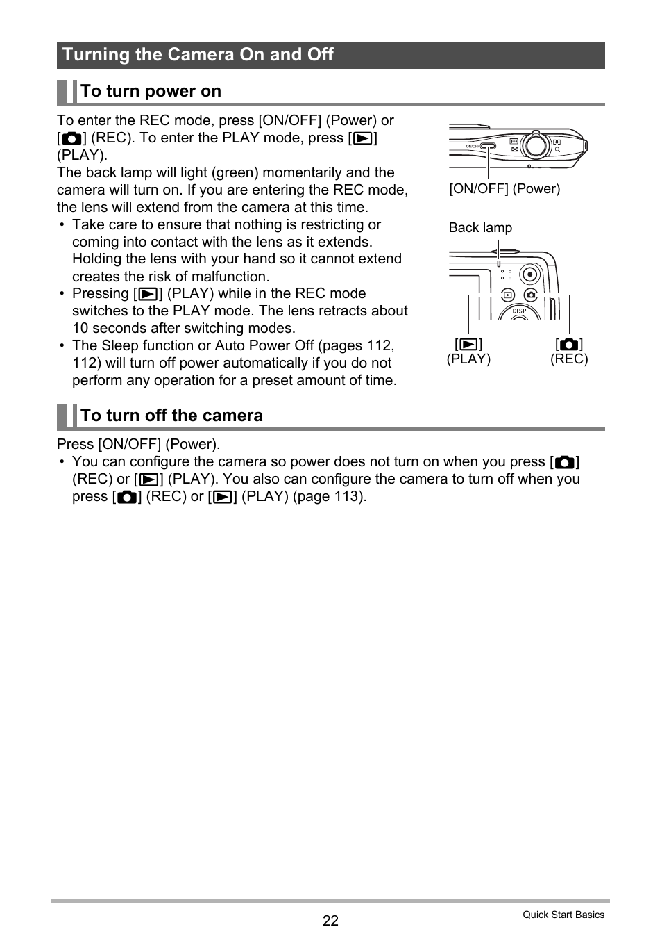 Turning the camera on and off, To turn power on, To turn off the camera | Casio EXILIM EX-Z37 User Manual | Page 22 / 145