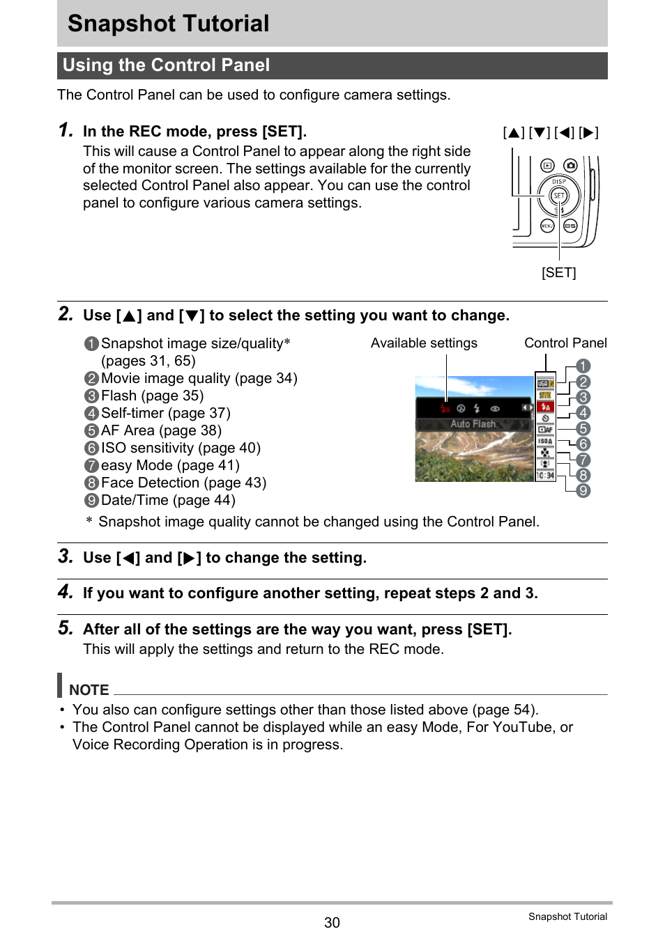 Snapshot tutorial, Using the control panel | Casio EXILIM EX-Z37 User Manual | Page 30 / 145