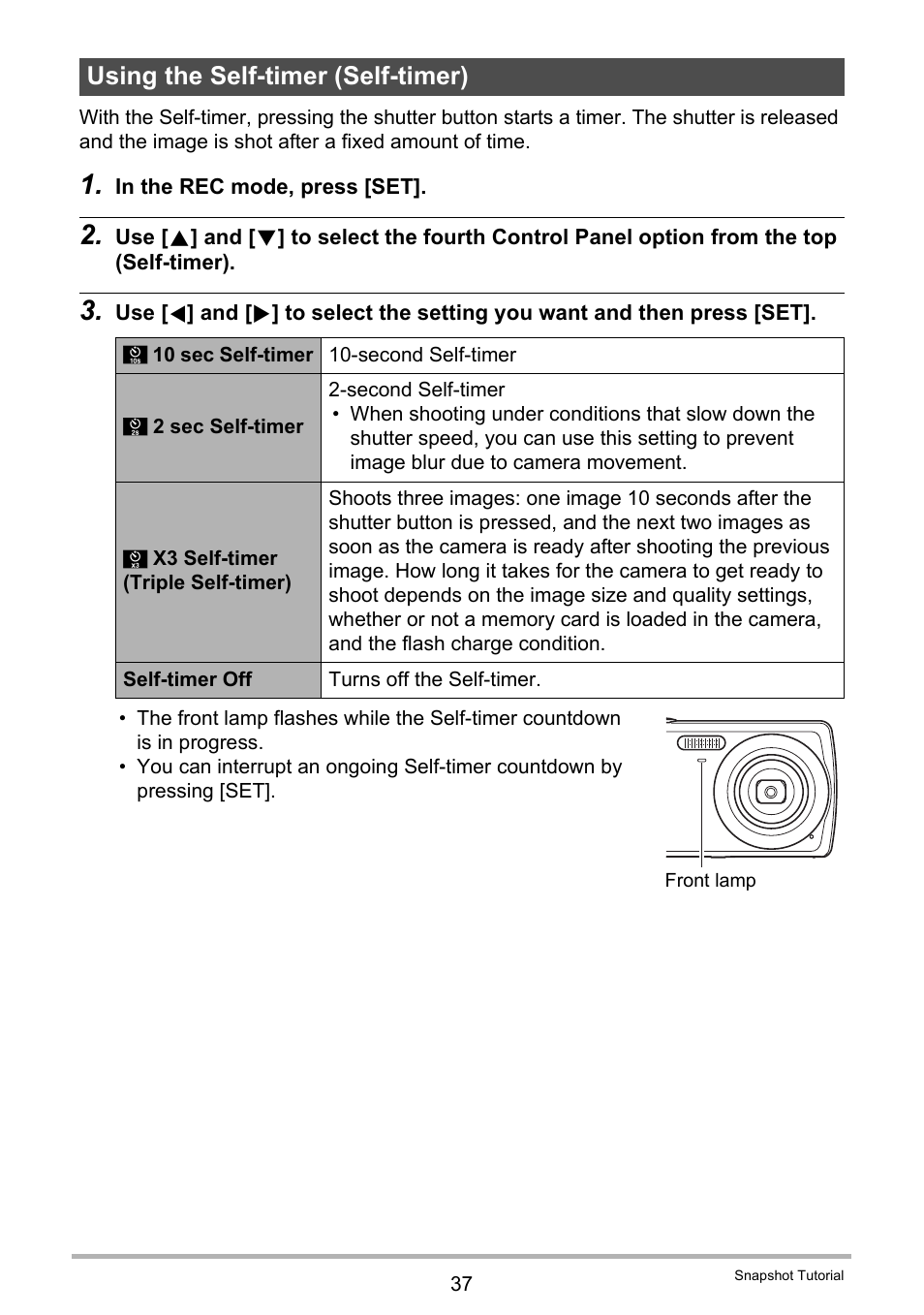 Using the self-timer (self-timer) | Casio EXILIM EX-Z37 User Manual | Page 37 / 145