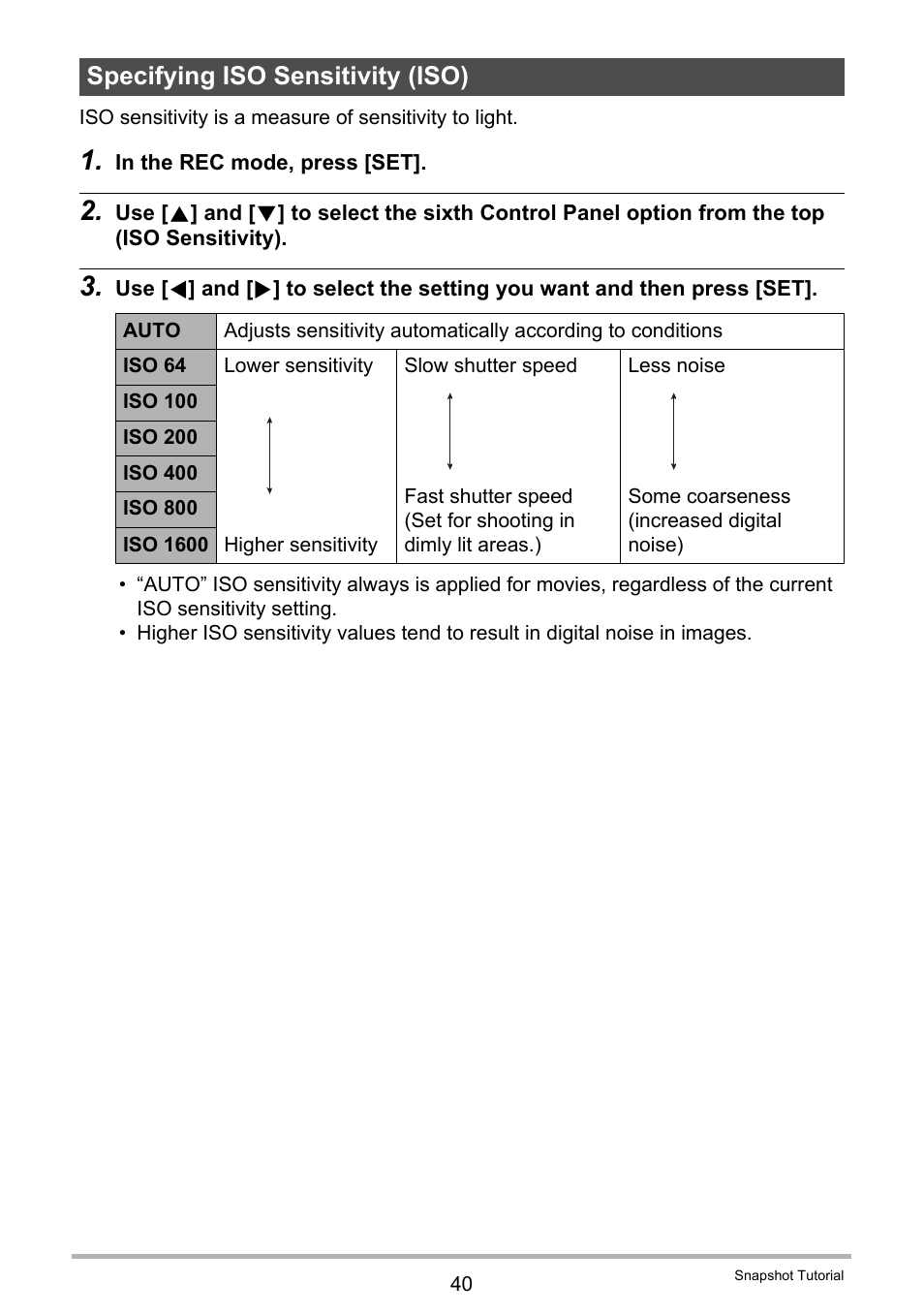 Specifying iso sensitivity (iso) | Casio EXILIM EX-Z37 User Manual | Page 40 / 145