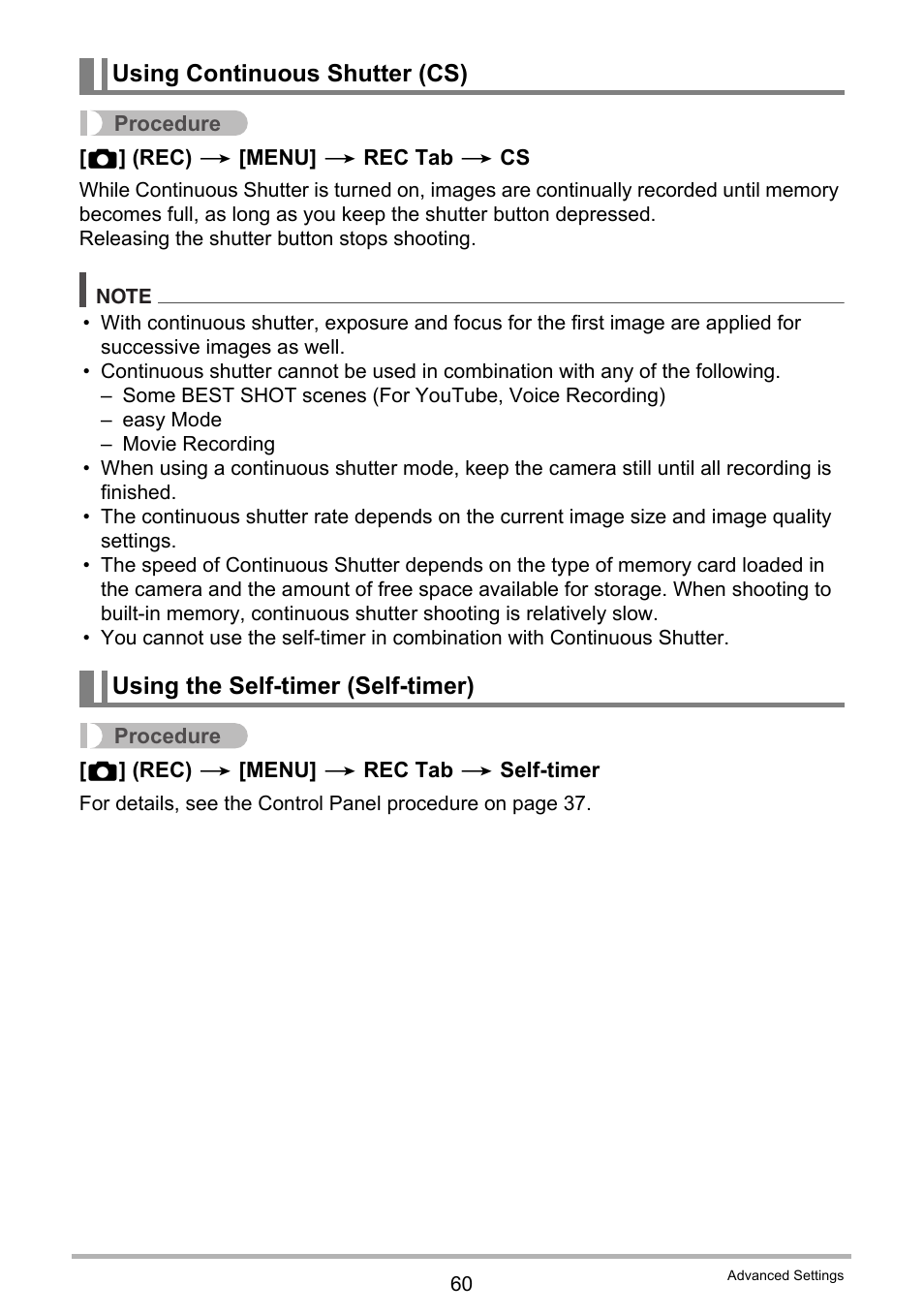 Using continuous shutter (cs), Using the self-timer (self-timer) | Casio EXILIM EX-Z37 User Manual | Page 60 / 145