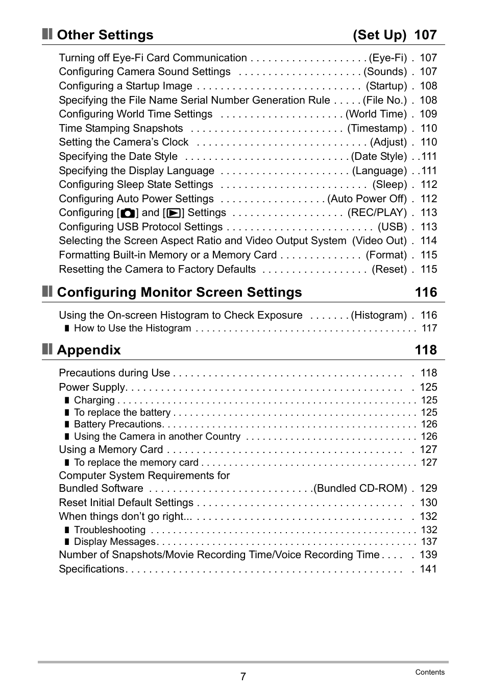 Other settings (set up) 107, Configuring monitor screen settings 116, Appendix 118 | Casio EXILIM EX-Z37 User Manual | Page 7 / 145