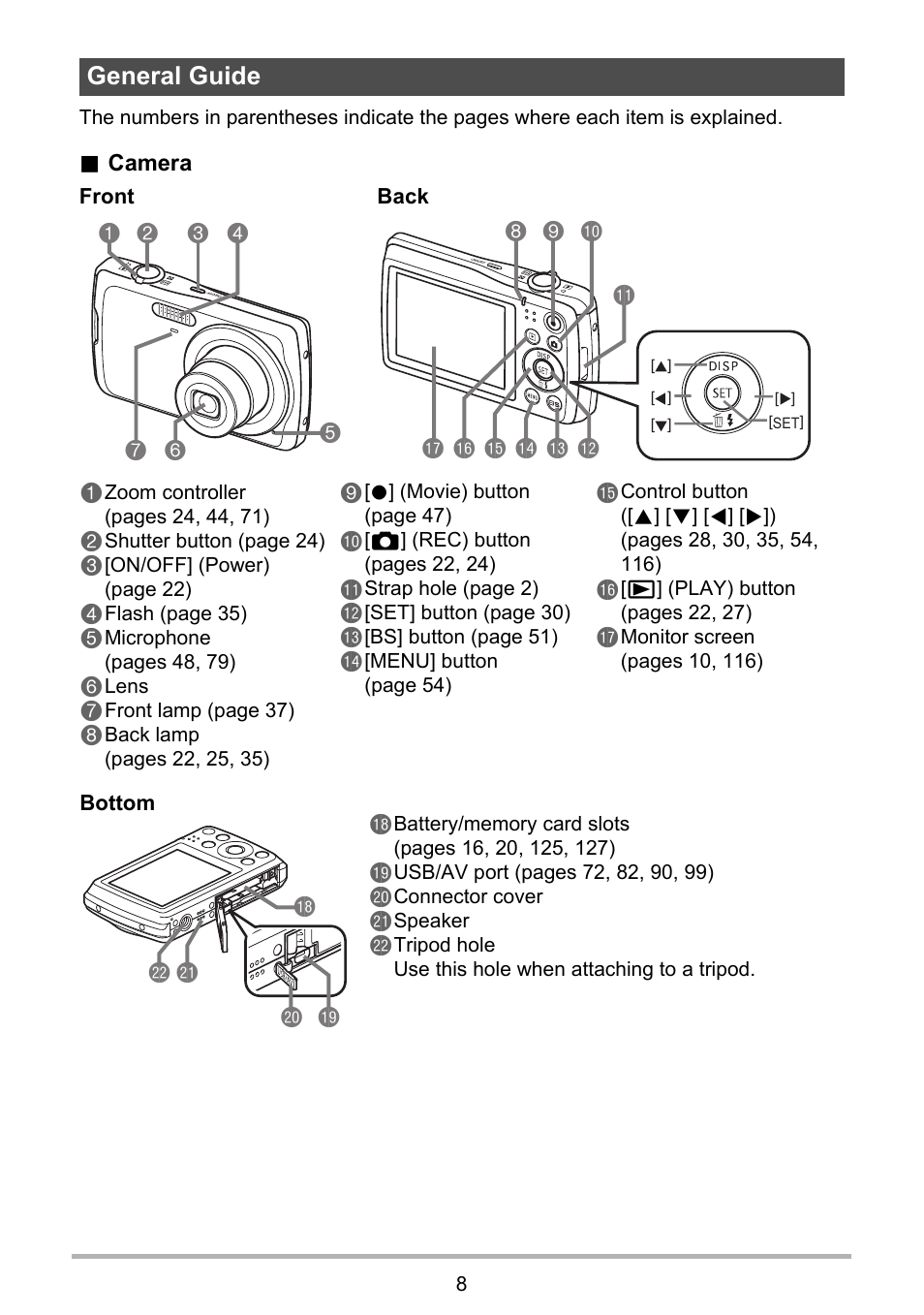 General guide, Bk bn 8 9 bl bm bp bq br bo, Bs cl cm ck bt | Casio EXILIM EX-Z37 User Manual | Page 8 / 145