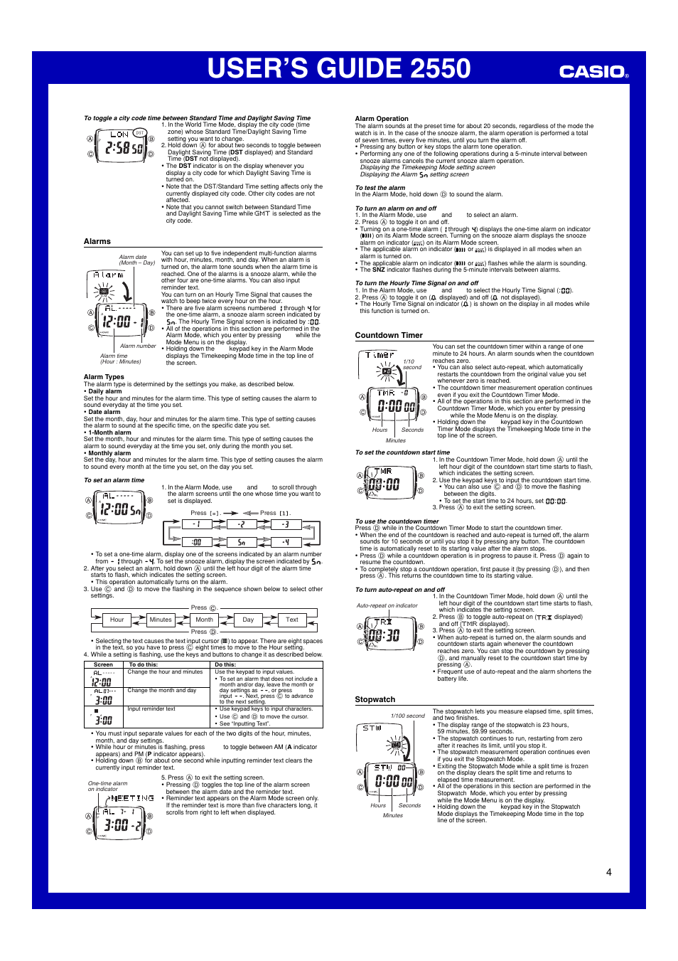 Alarms, Countdown timer, Stopwatch | User’s guide 2550 | Casio 2550 User Manual | Page 4 / 6
