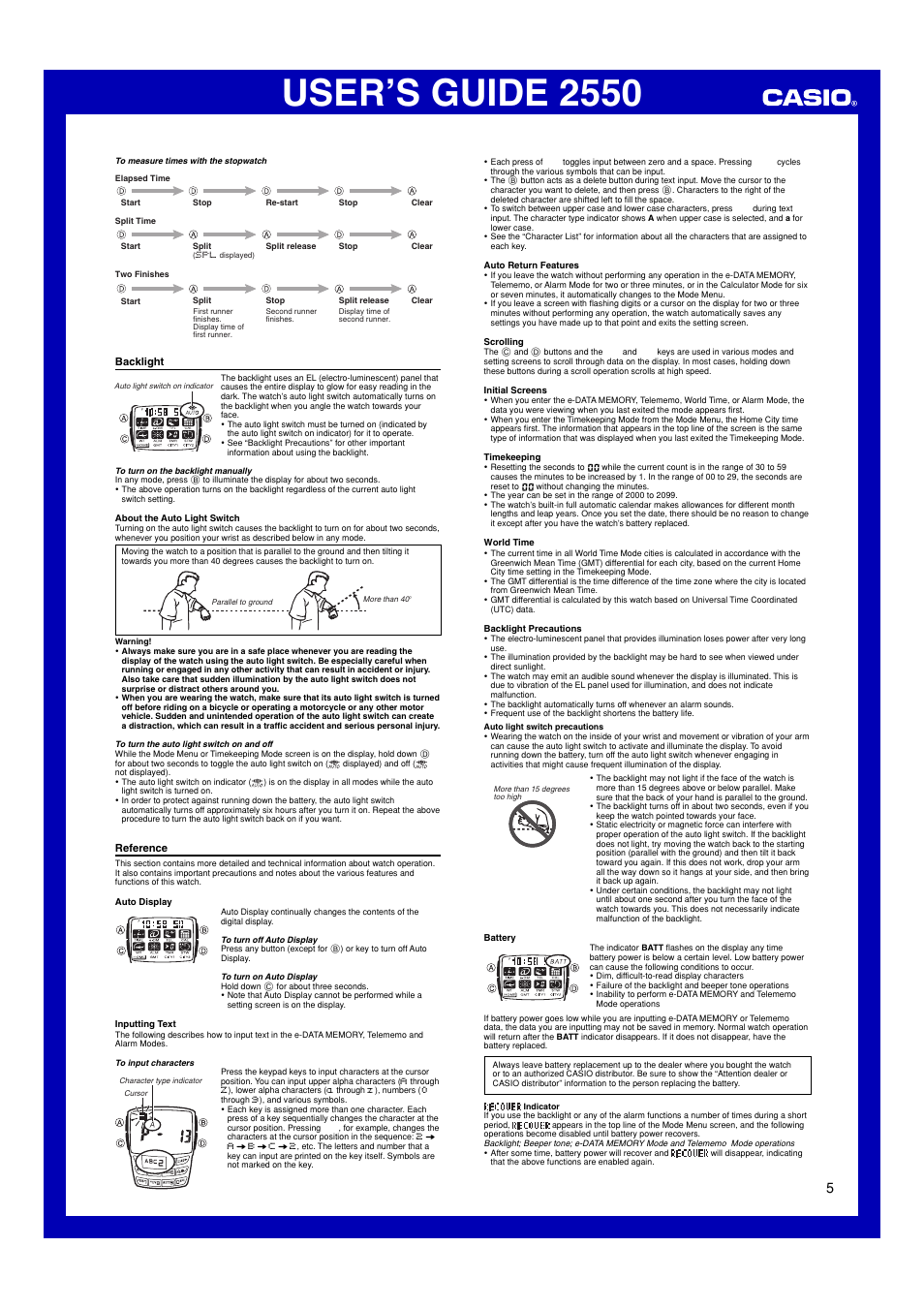 Backlight, Reference, User’s guide 2550 | Casio 2550 User Manual | Page 5 / 6
