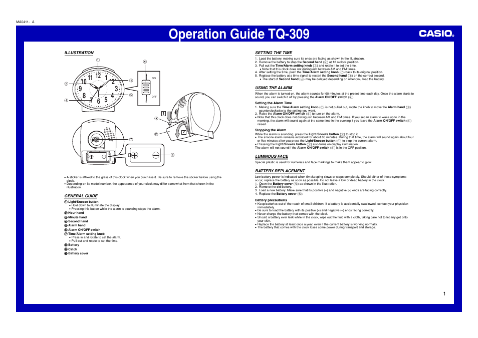 Casio TQ-309 User Manual | 1 page