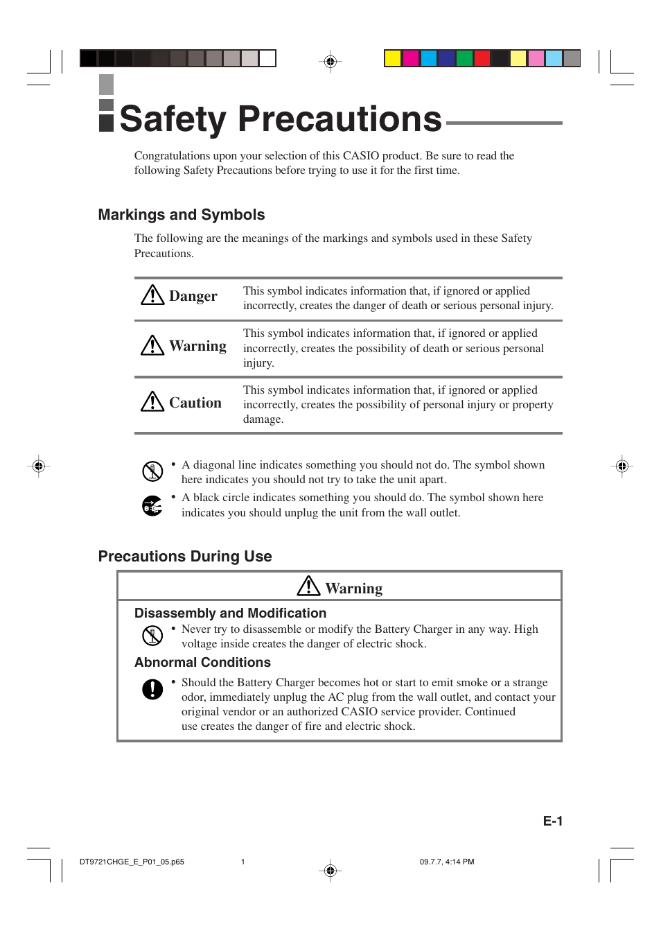 Safety precautions | Casio DT-9721CHGE User Manual | Page 2 / 10