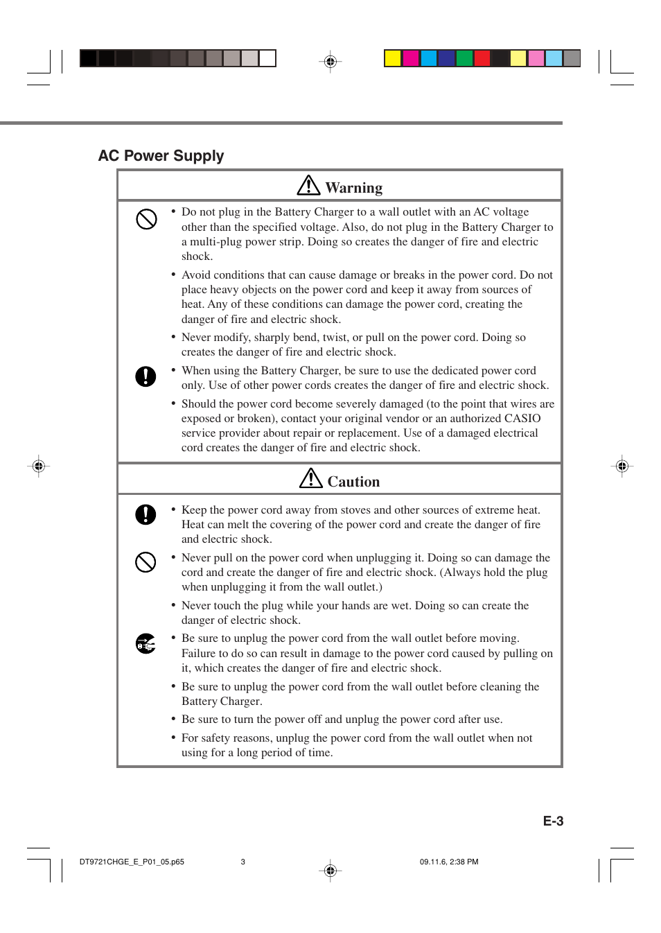 Ac power supply warning, Caution | Casio DT-9721CHGE User Manual | Page 4 / 10